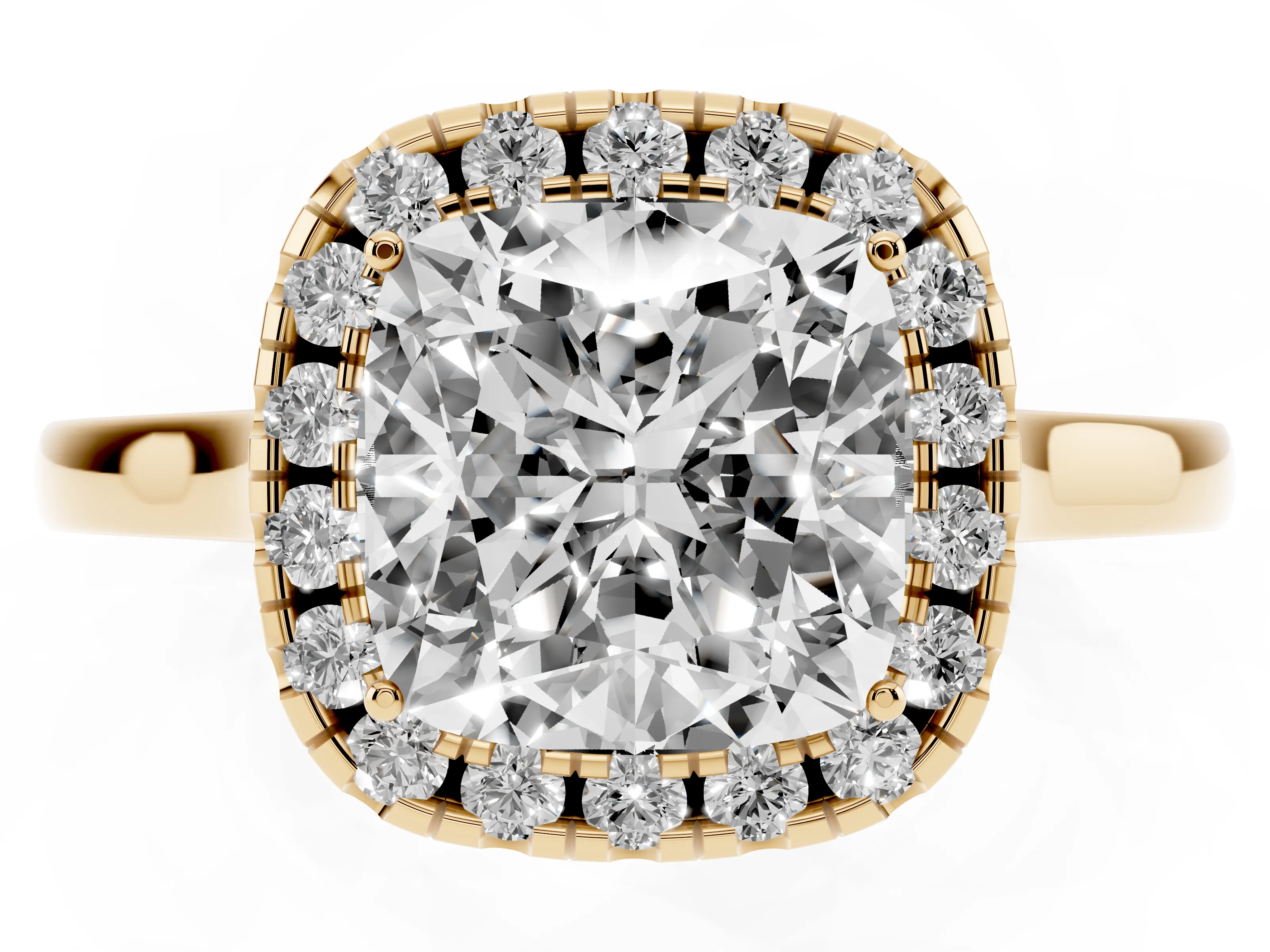 Cushion Cut Halo Round Diamond Solitaire Ring Set in Yellow gold with Pavé Band and Prong Setting