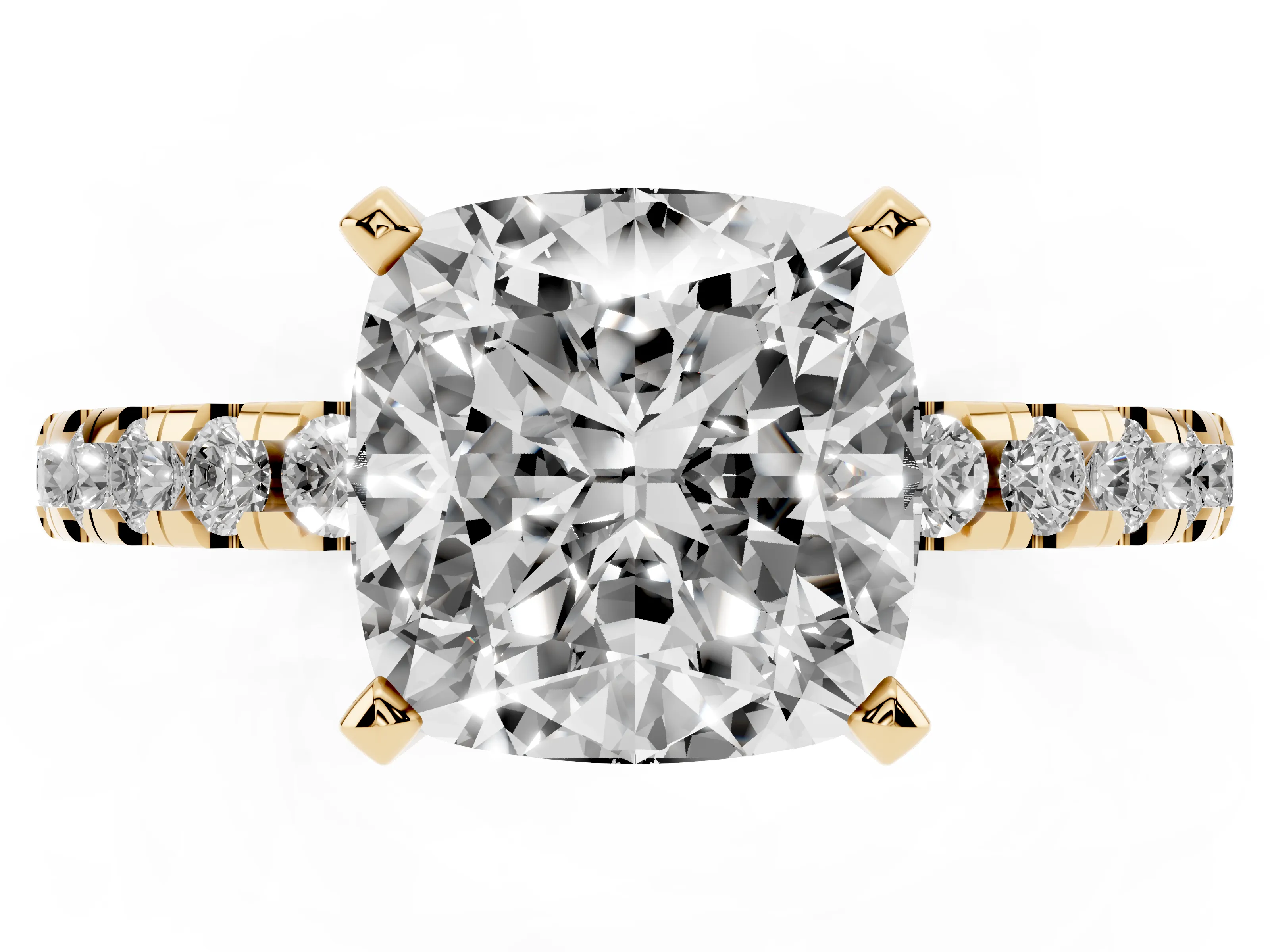 Cushion Cut Diamond Pavé Solitaire Ring Set in Yellow gold with Round Band Accents and Prong Setting