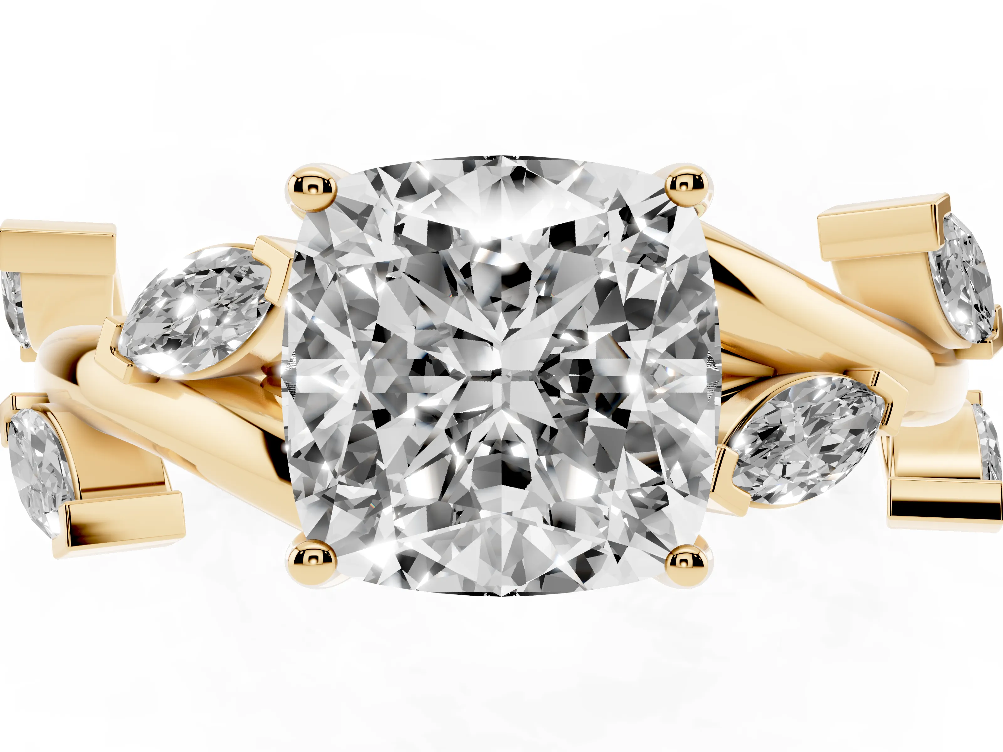 Cushion Cut Diamond Solitaire Ring Set in Yellow gold with Twisted Marquise Accent Band