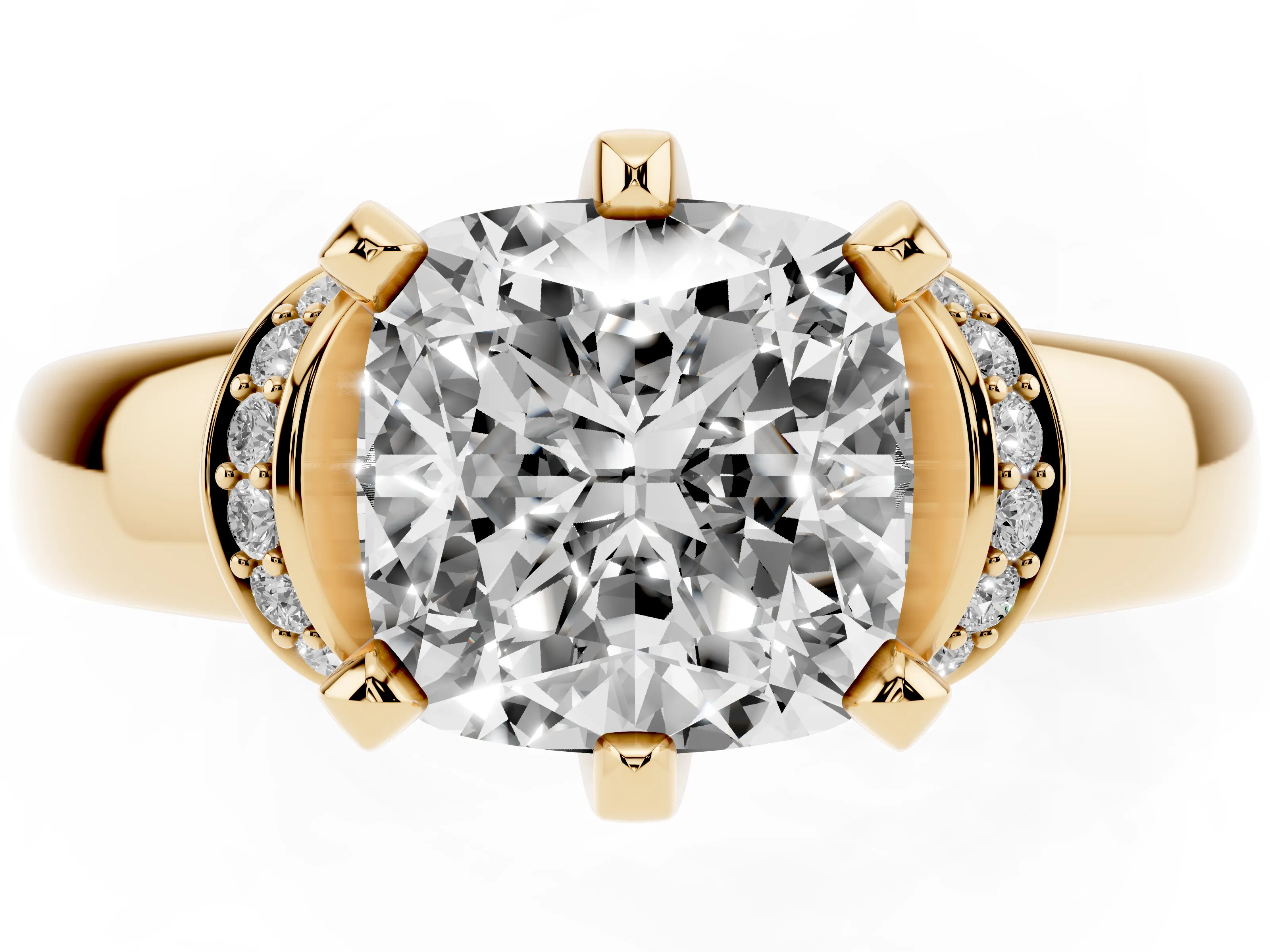 Cushion Cut Diamond Pavé Band Solitaire Ring Set in Yellow gold with Prong Setting