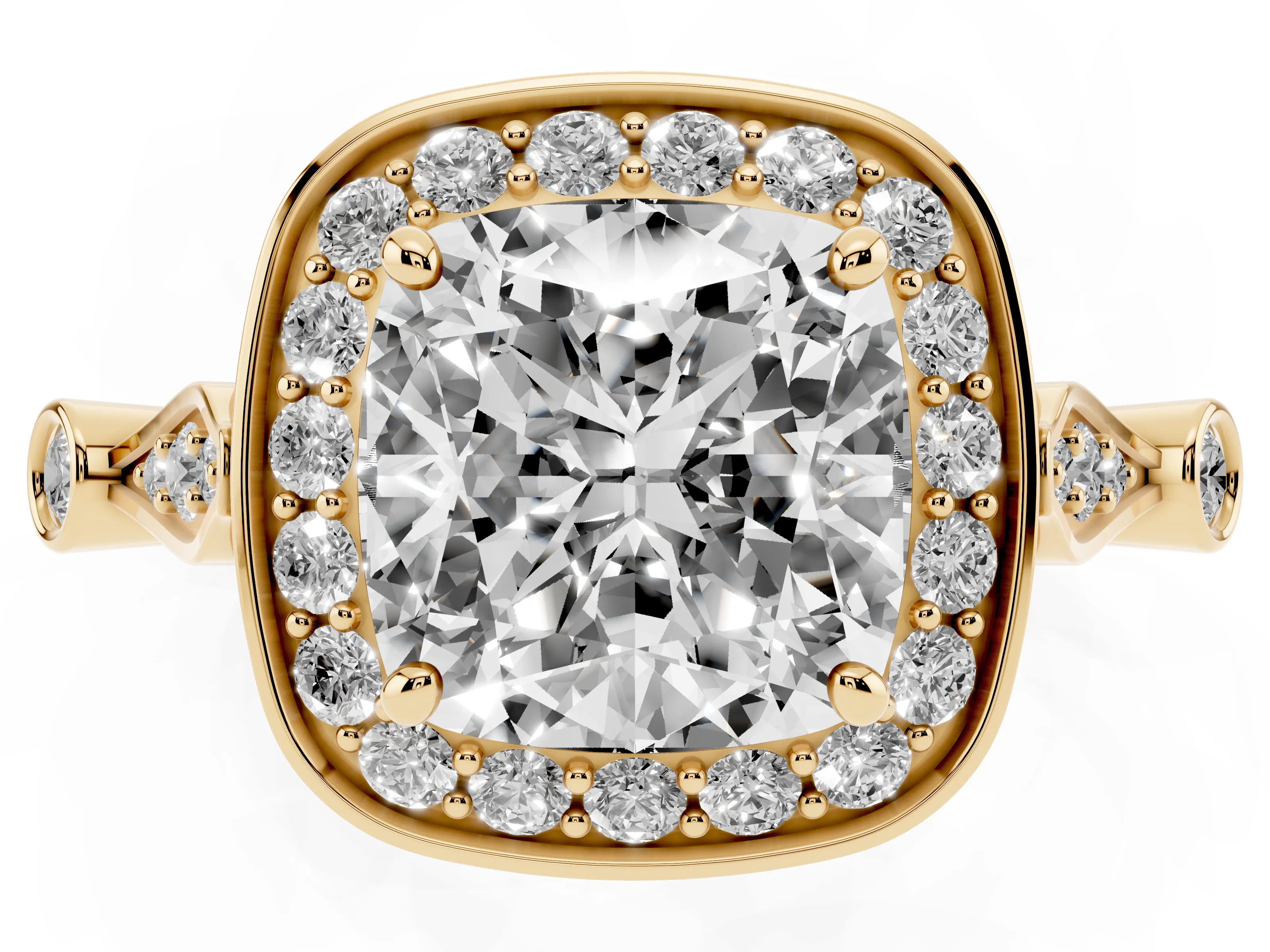 Cushion Cut Diamond Halo Engagement Ring Set in Yellow gold with Twisted Band and Prong Setting
