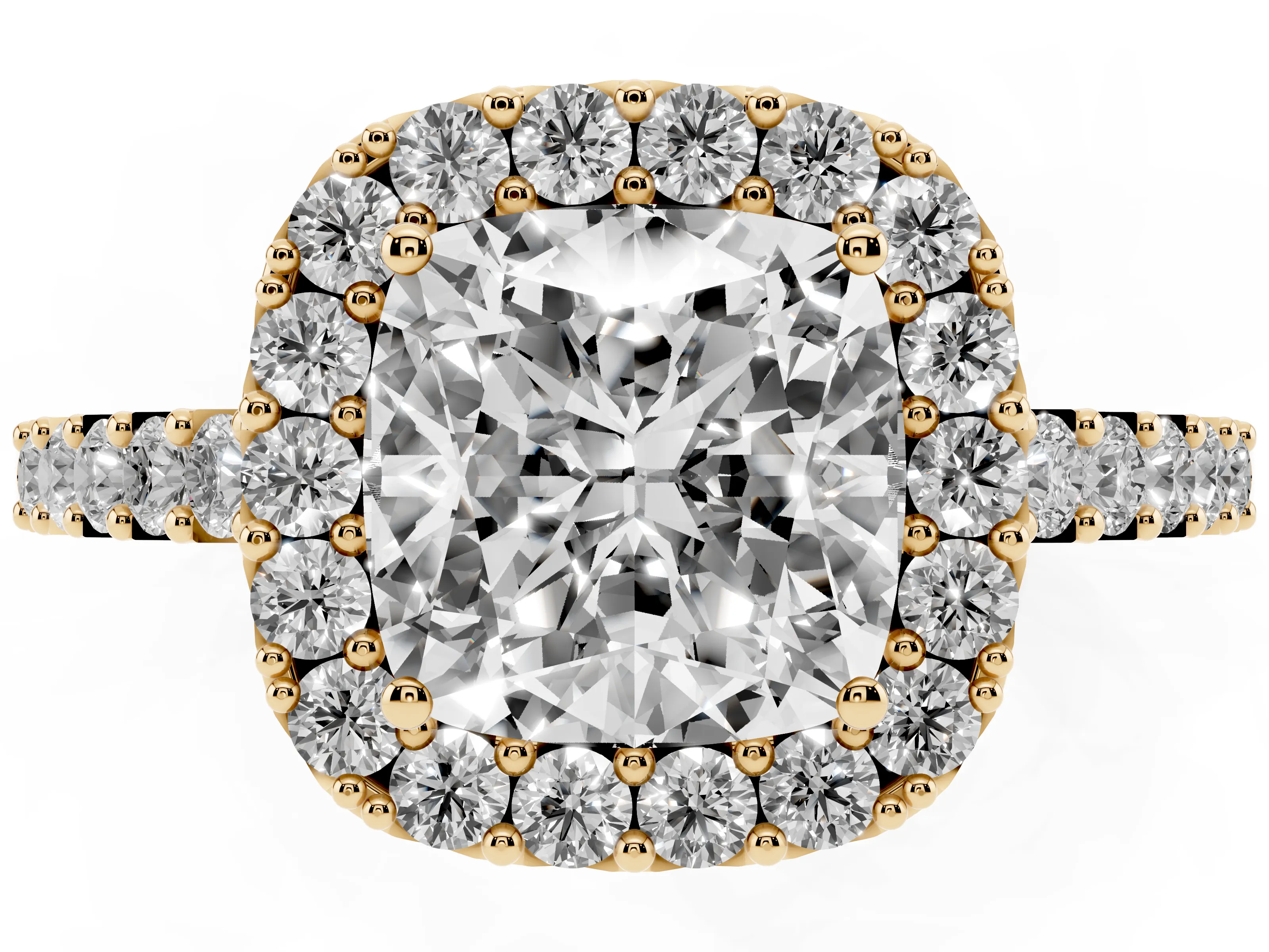 Cushion Cut Diamond Halo Pavé Solitaire Ring Set in Yellow gold with Prong-Set Center Stone