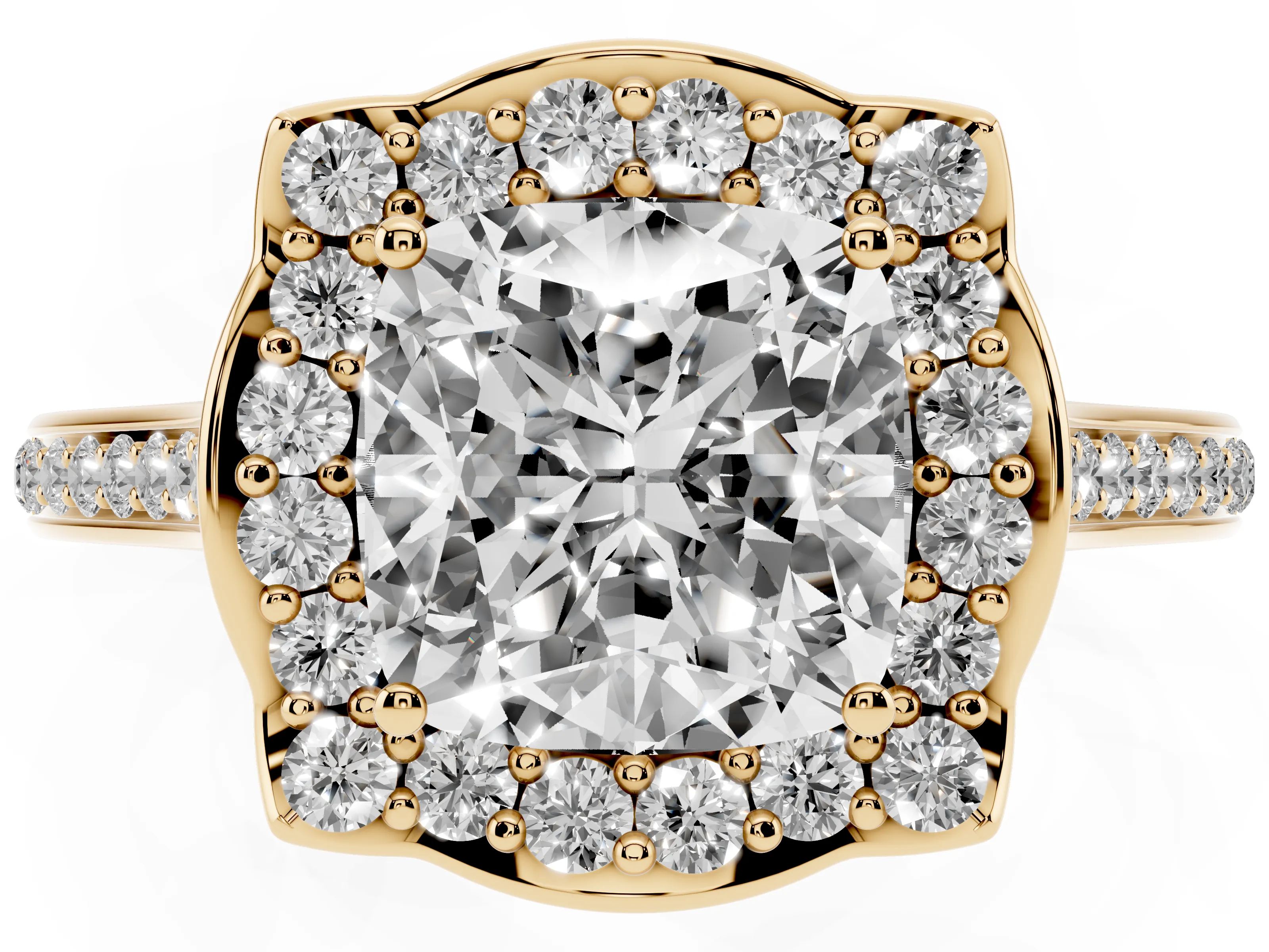 Cushion Cut Diamond Halo Ring Set in Yellow gold with Pavé-Lined Shoulders and Prong Setting