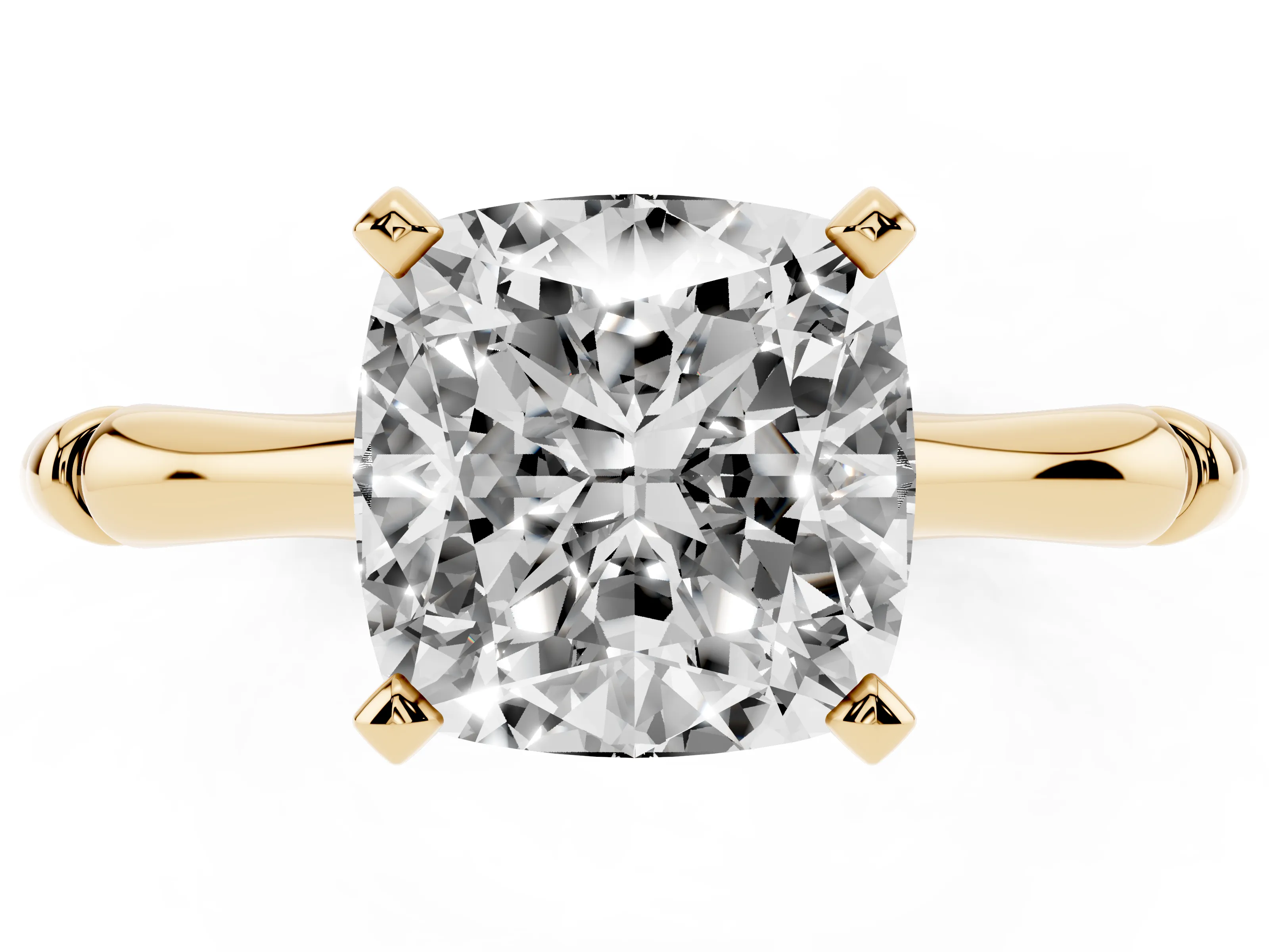 Cushion Cut Diamond Solitaire Ring Set in Yellow gold with Bamboo Band and Prong Setting