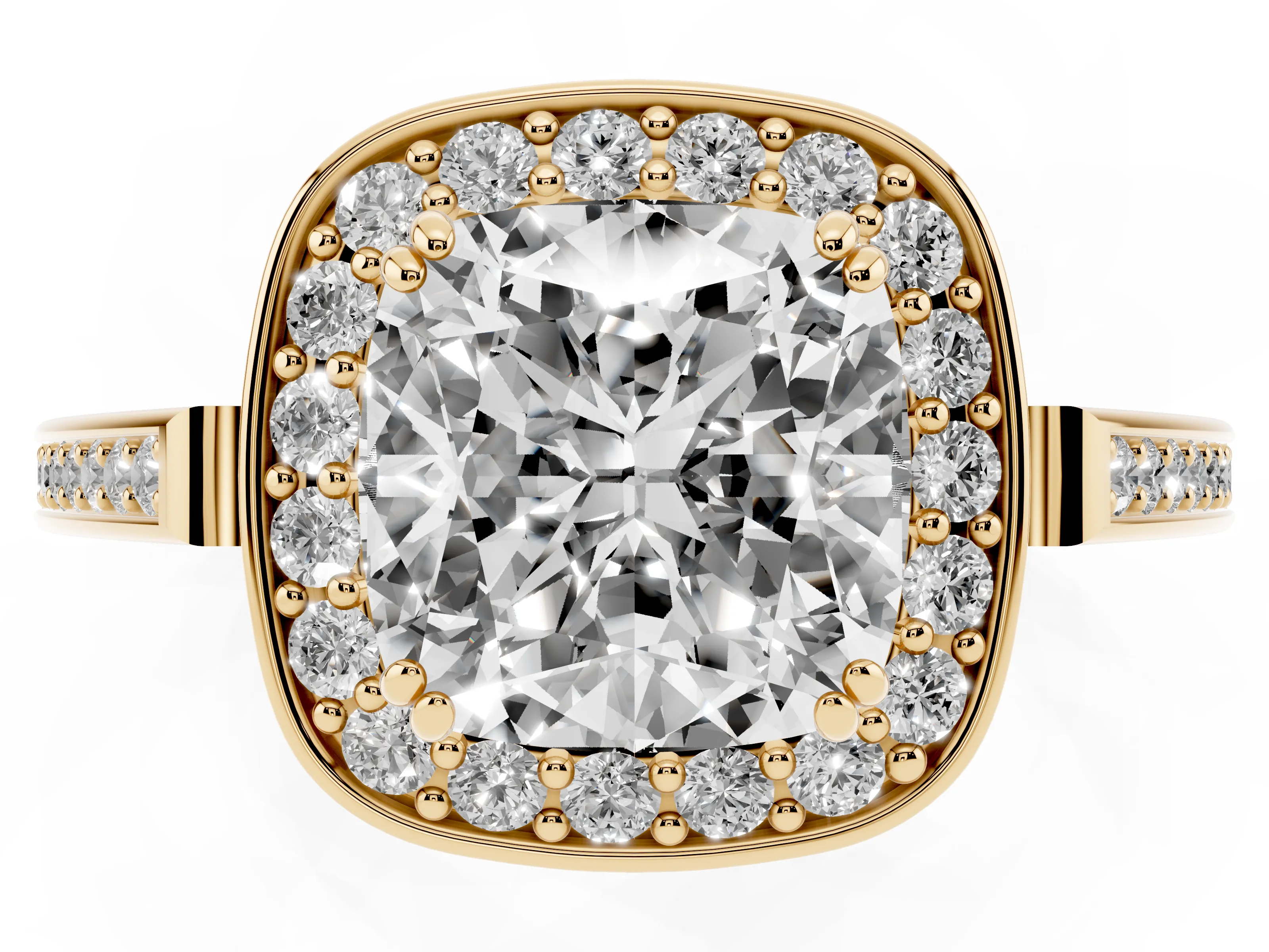 Cushion Cut Diamond Halo Ring Set in Yellow gold with Accent-Lined Split Shank and Prong Setting