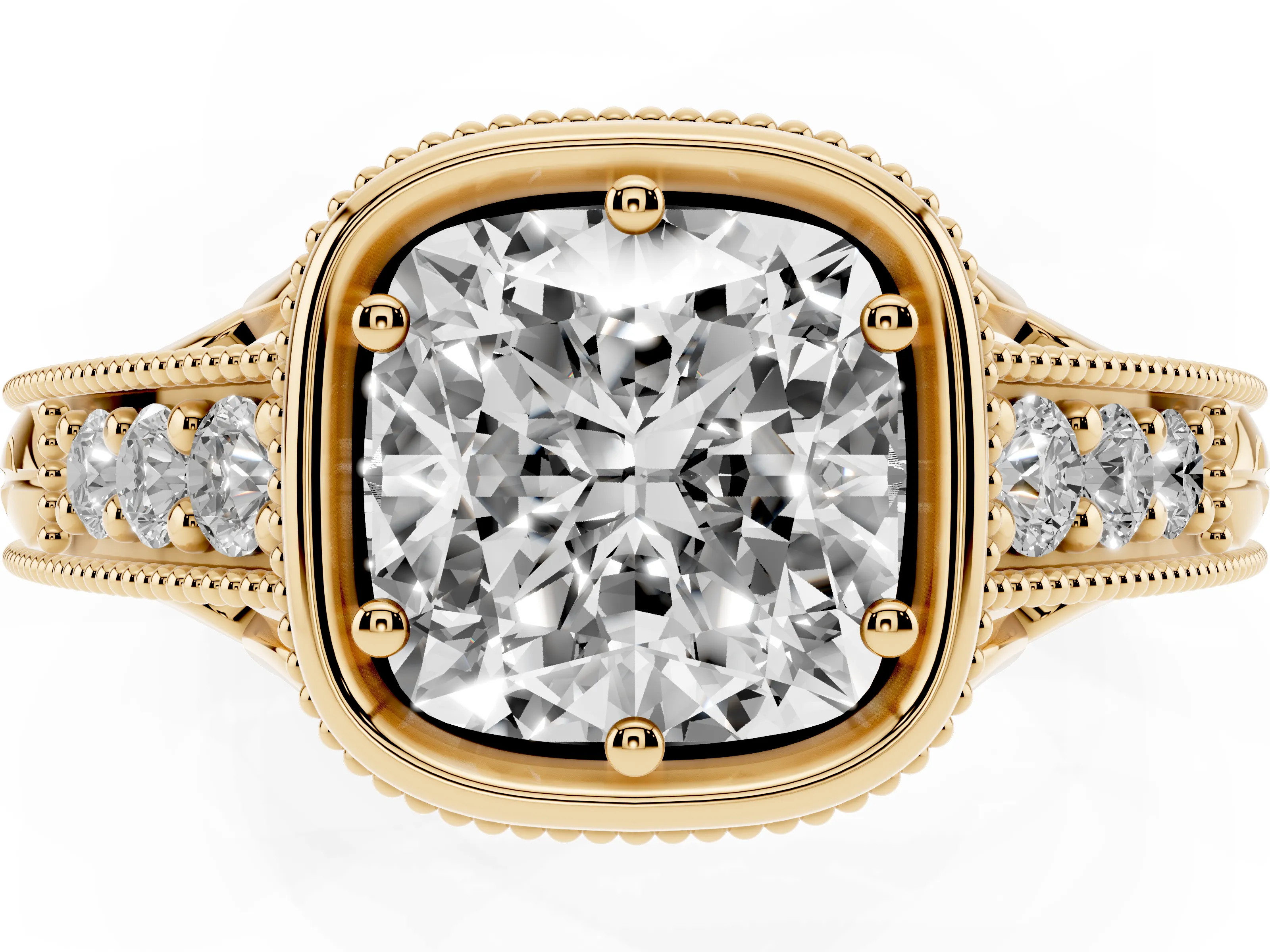 Bezel Set Cushion Cut Diamond Milgrain Pavé Engagement Ring Set in Yellow gold