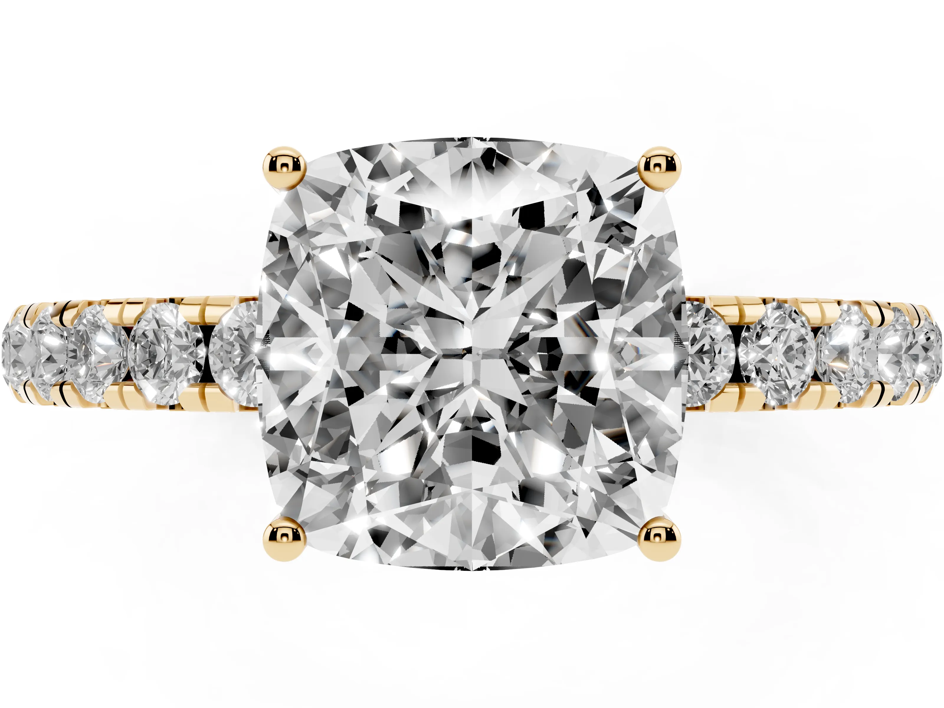 Cushion Cut Diamond Pavé Solitaire Engagement Ring Set in Yellow gold with Prong Setting