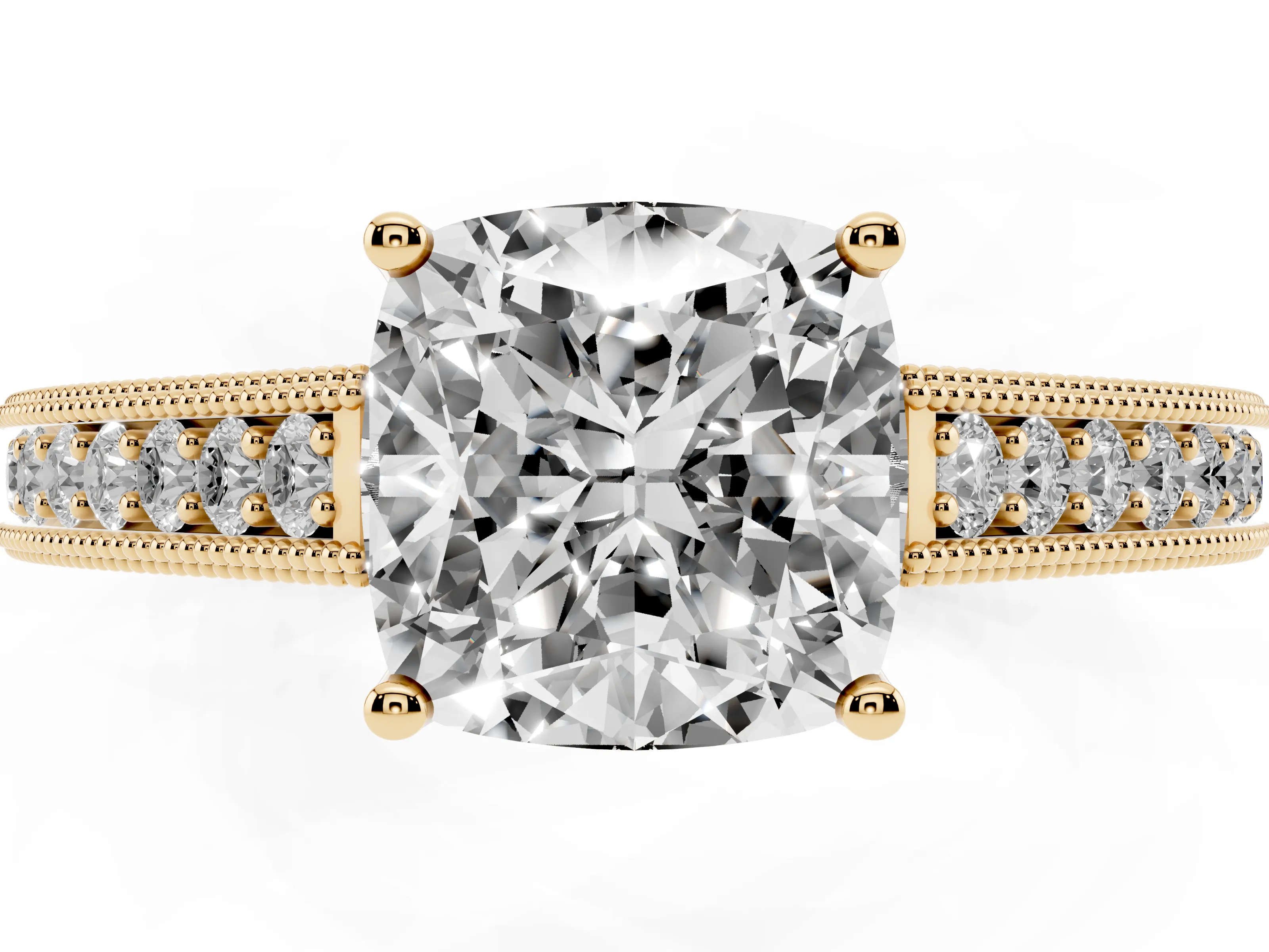 Cushion Cut Diamond Milgrain Pavé Band Solitaire Ring Set in Yellow gold with Prong Setting