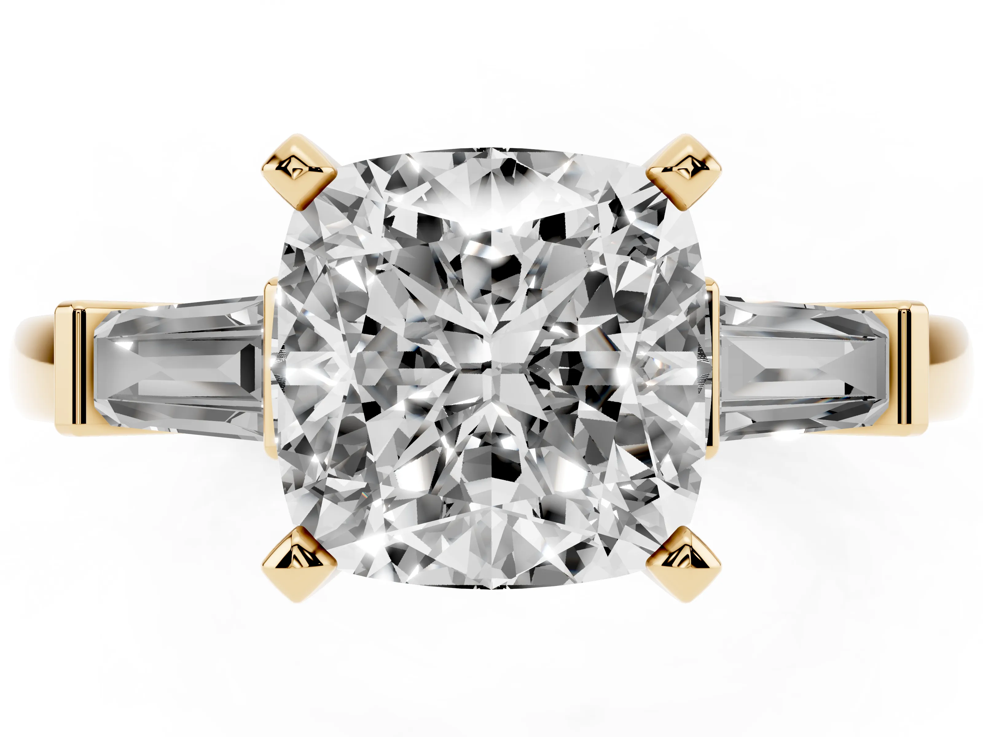 Cushion Cut Diamond Solitaire Ring Set in Yellow gold with Tapered Baguette Accents and Prong Setting