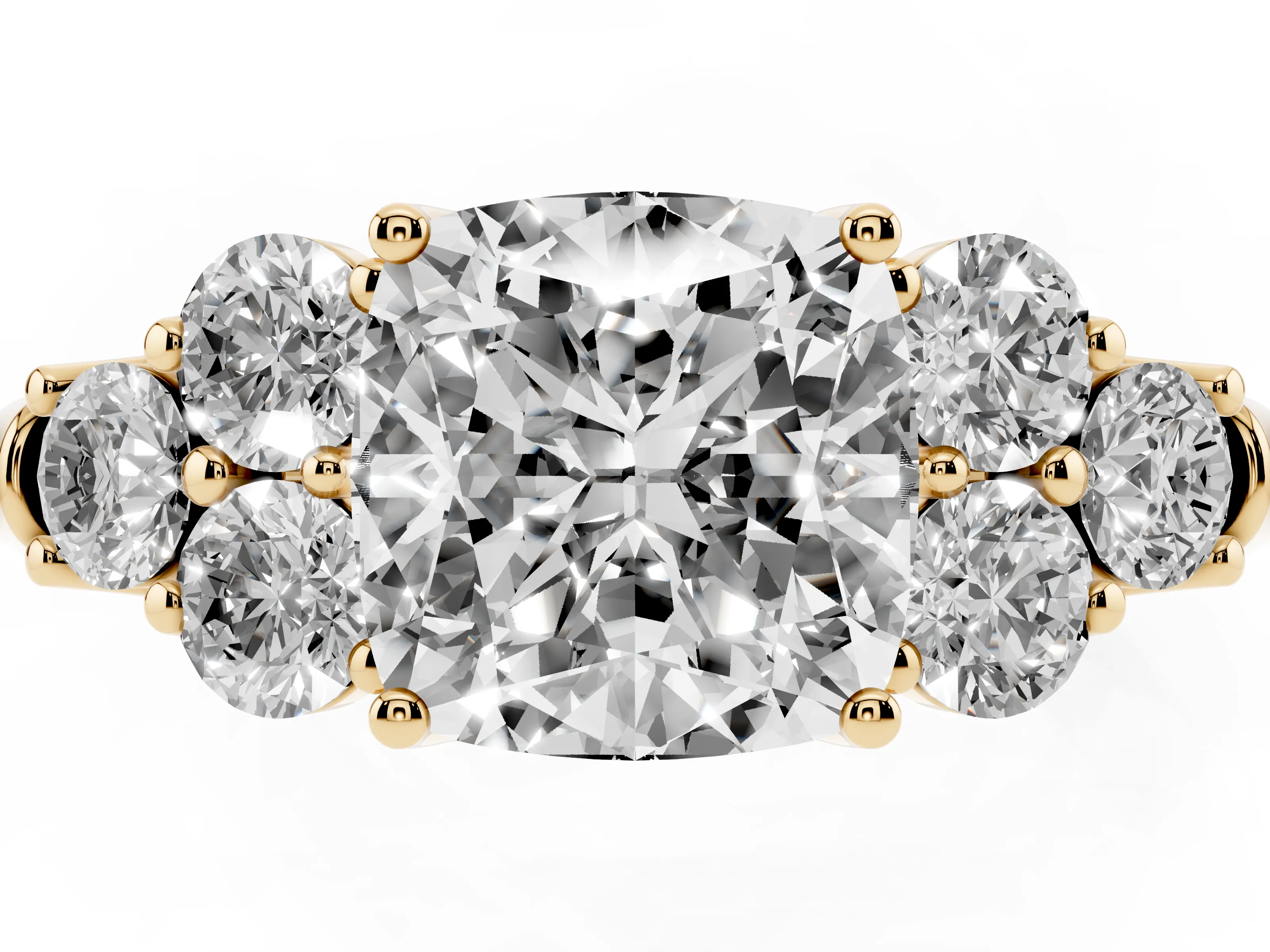 Cushion Cut Diamond Cluster Ring Set in Yellow gold with Round Accent Stones and Prong Setting on a Plain Band