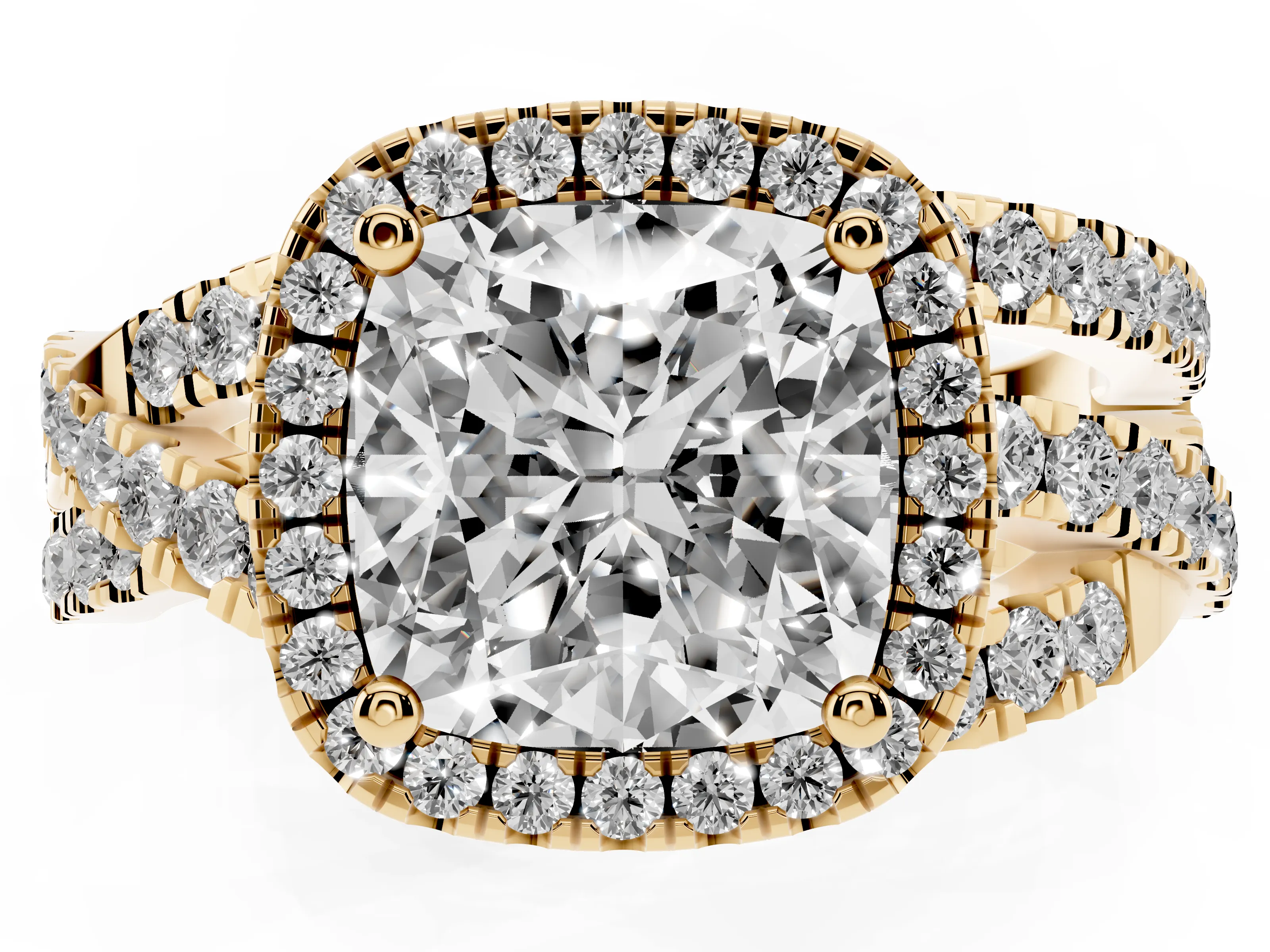Cushion Cut Diamond Halo Ring Set in Yellow gold with Round Crossover Split Shank and Prong Setting