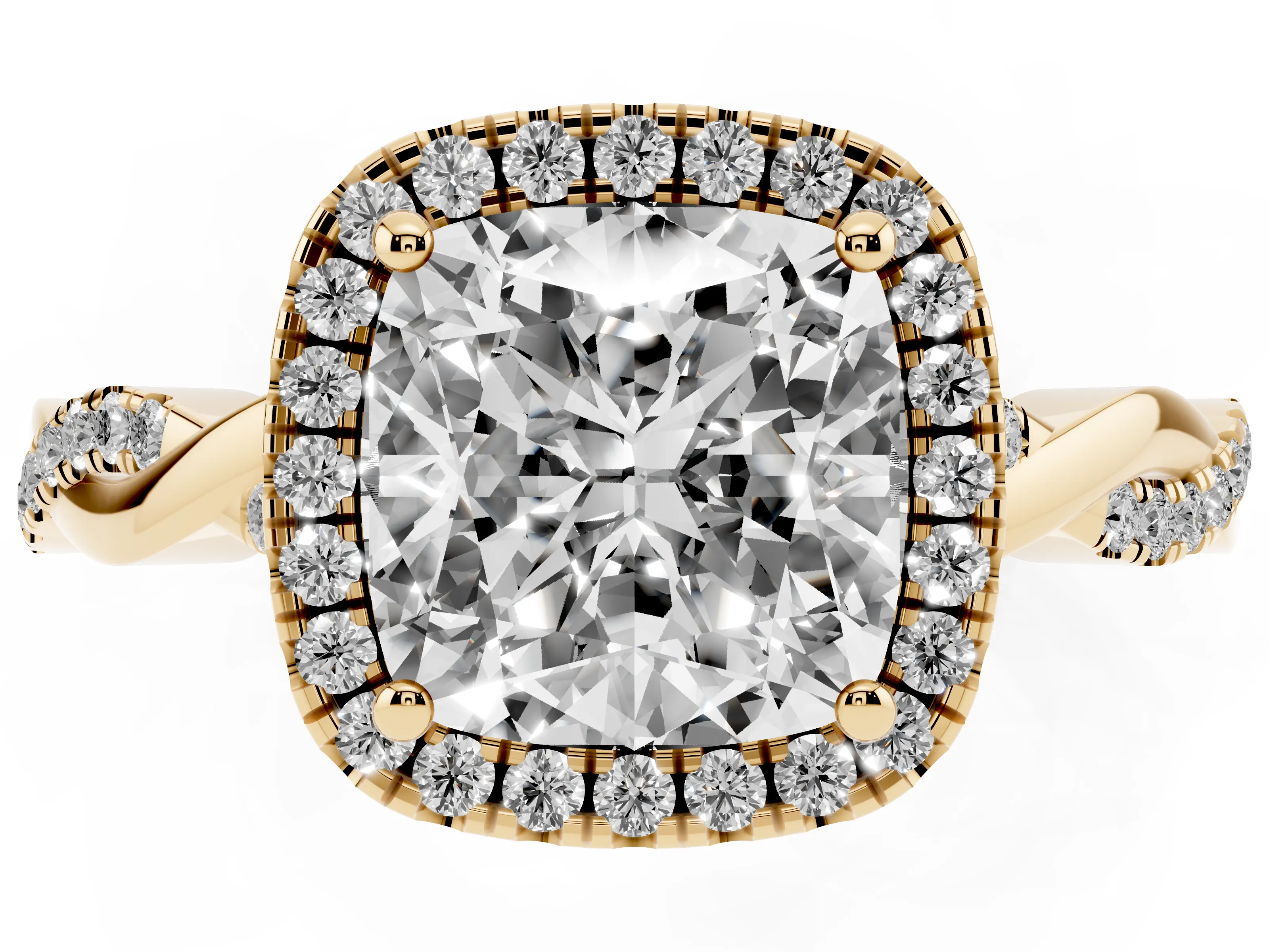 Cushion Cut Diamond Halo Twisted Band Ring Set in Yellow gold with Prong Setting