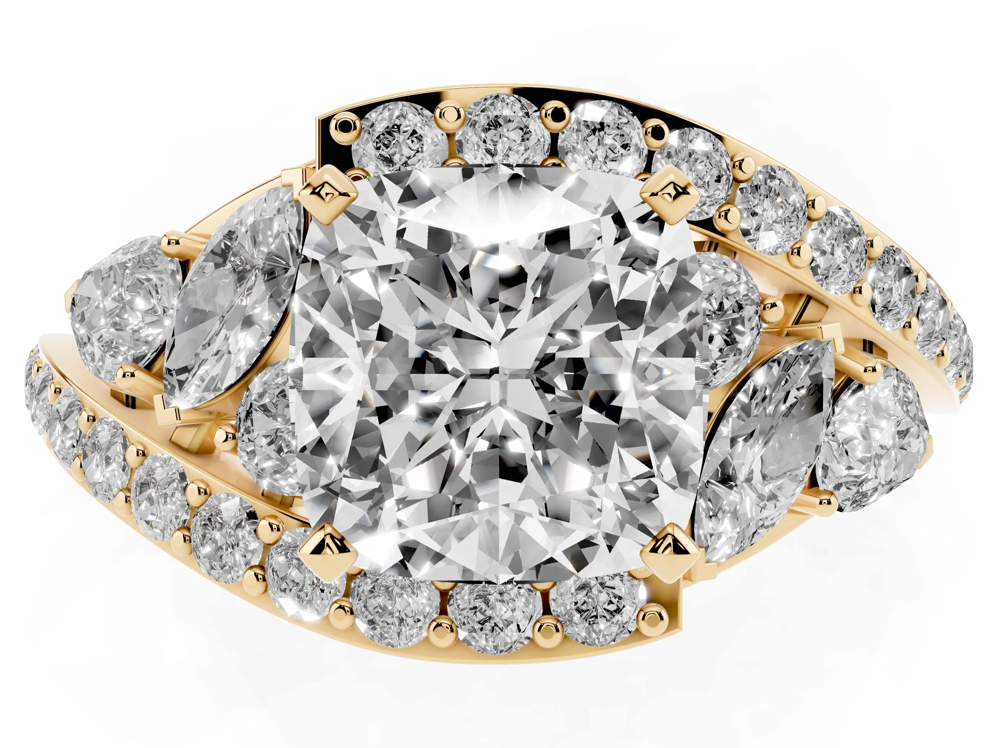Cushion Cut Diamond Halo Ring Set in Yellow gold with Marquise and Pavé Band in Prong Setting