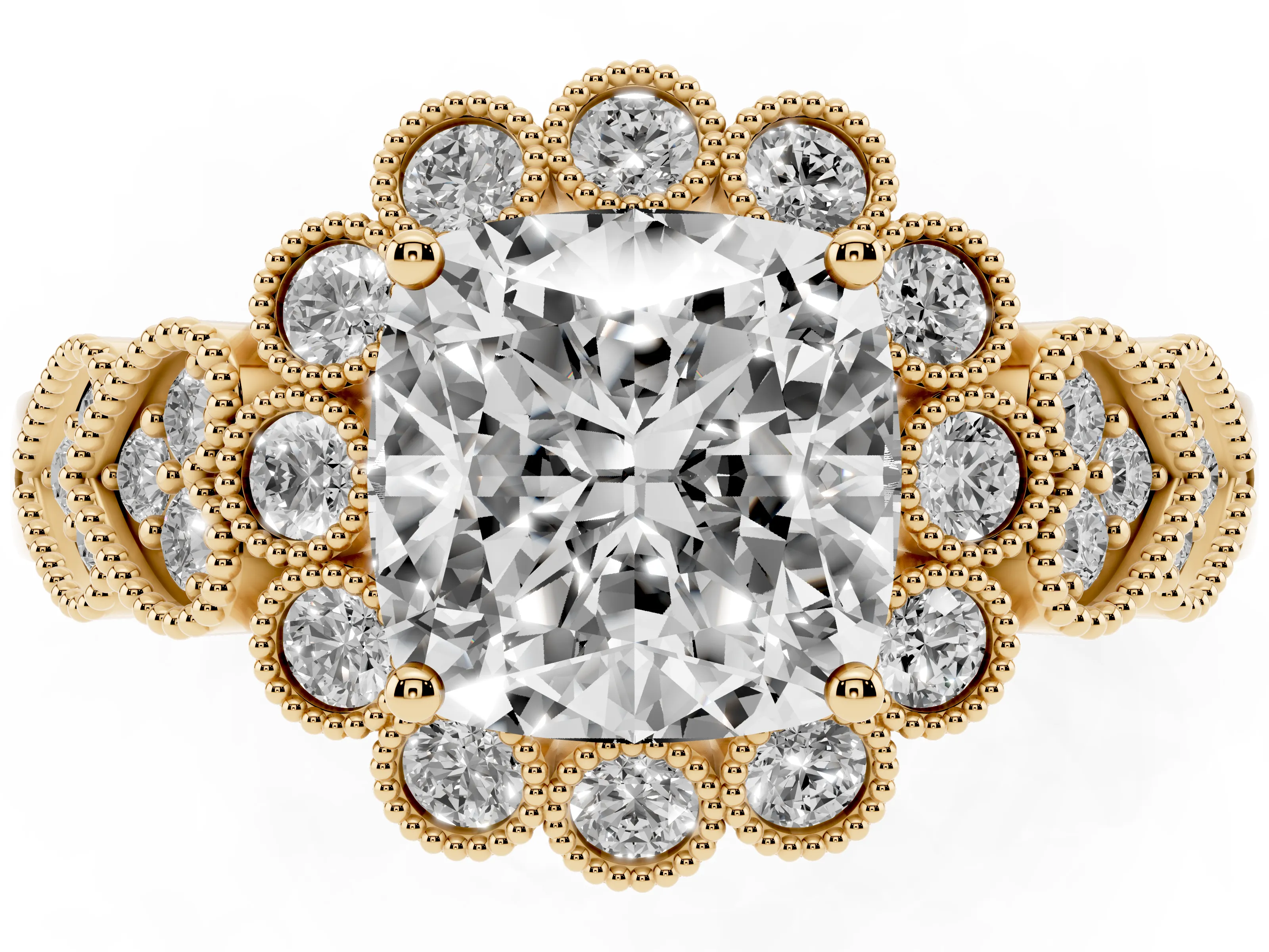 Cushion Cut Diamond Solitaire Ring Set in Yellow gold with Milgrain Pavé Heart Band