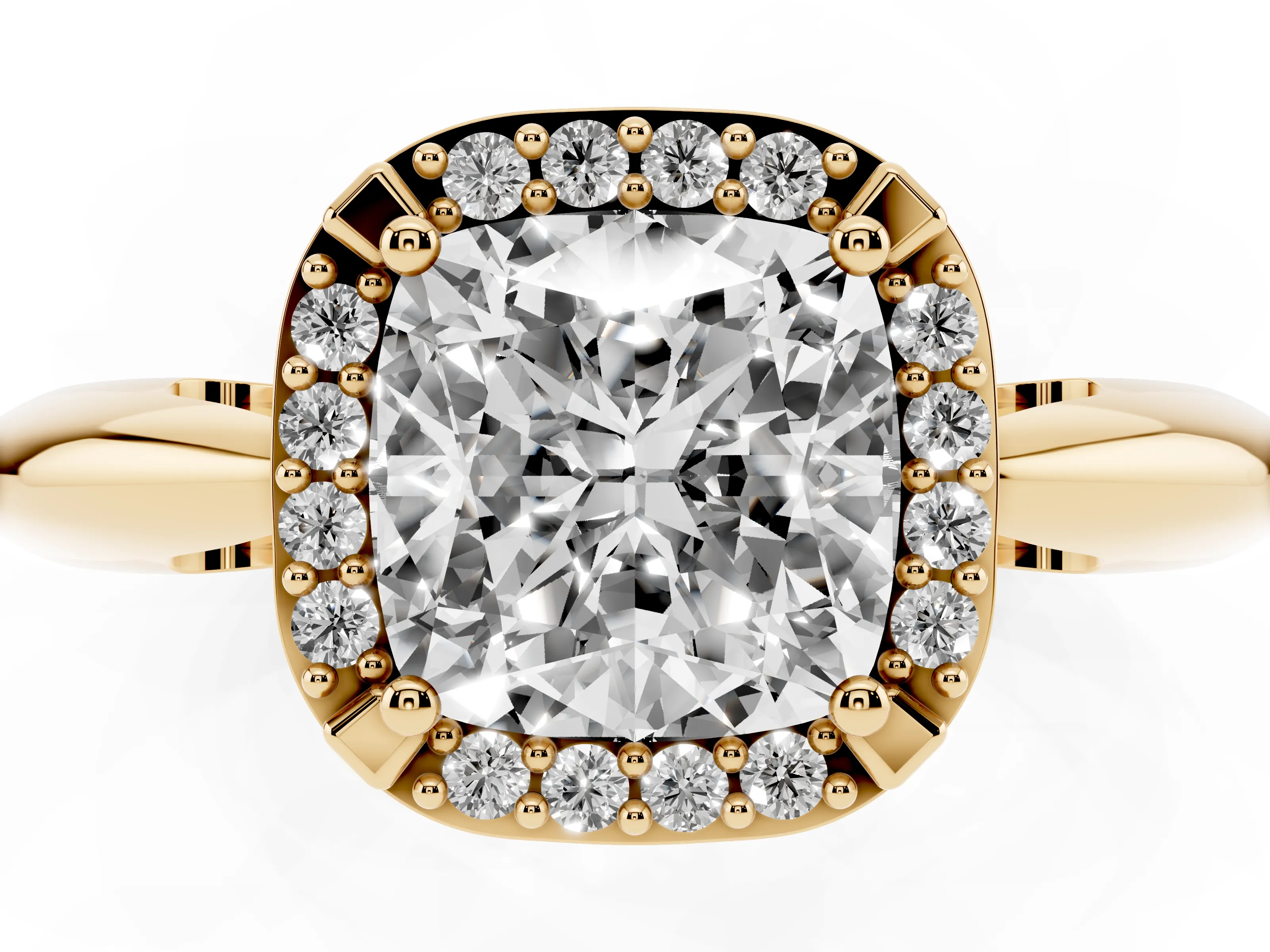 Cushion Cut Diamond Halo Engagement Ring Set in Yellow gold with Plain Split Shank and Prong Setting