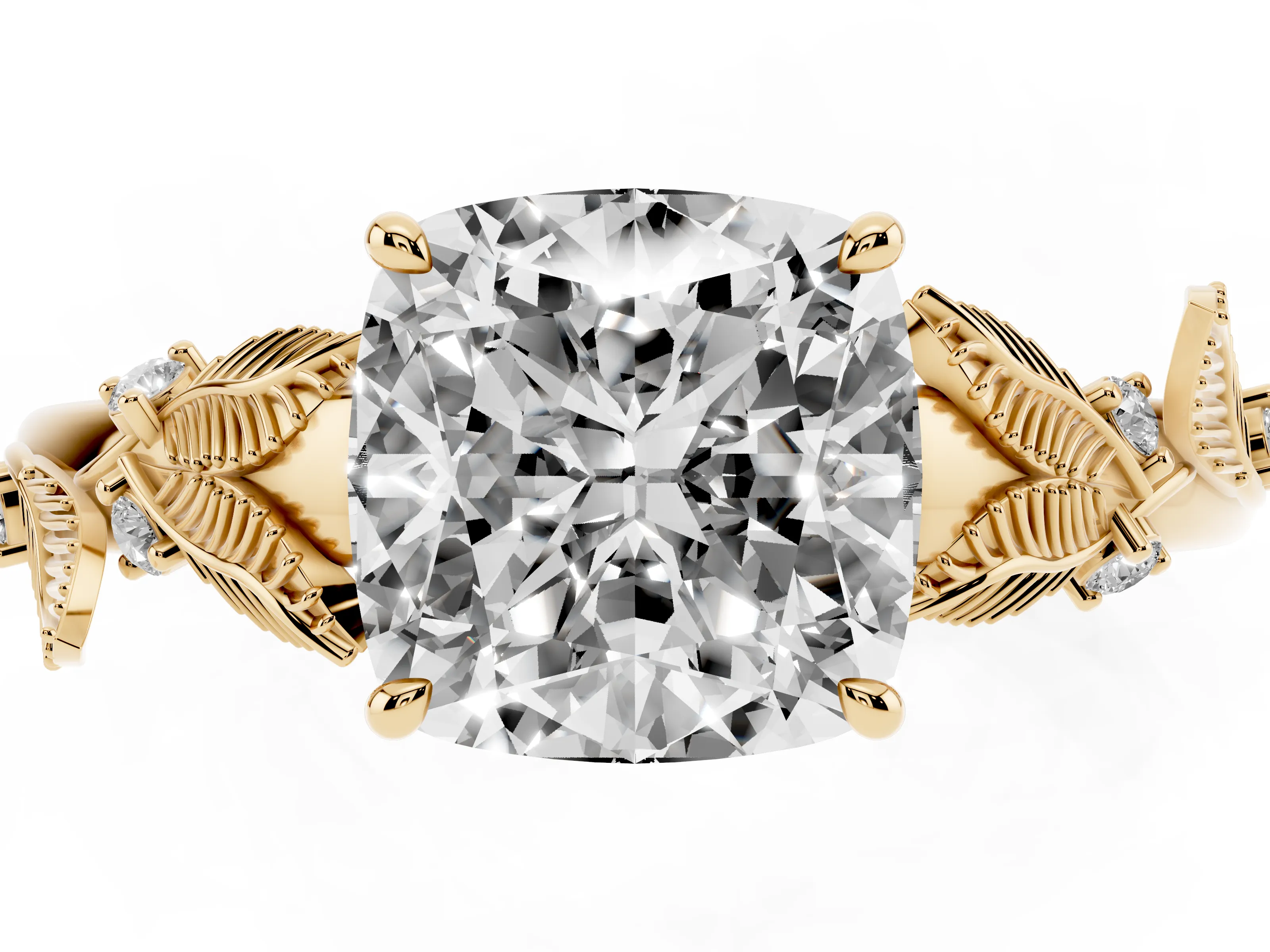Cushion Cut Diamond Solitaire Ring Set in Yellow gold with Leaf Motif Band