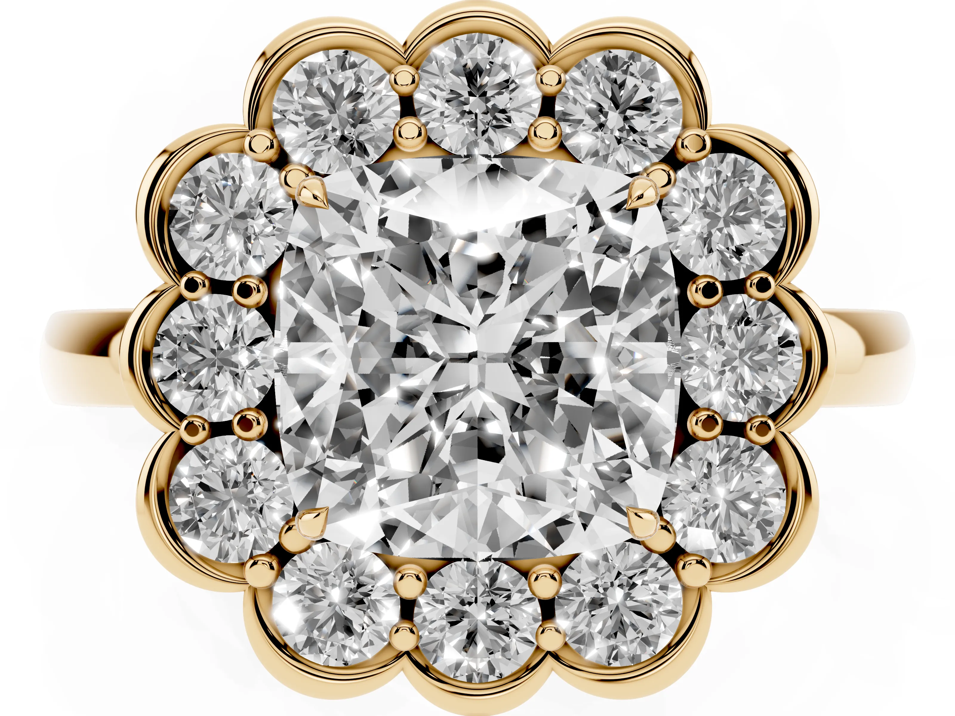 Cushion Cut Diamond Halo Cluster Engagement Ring Set in Yellow gold with Solitaire Band and Prong Setting
