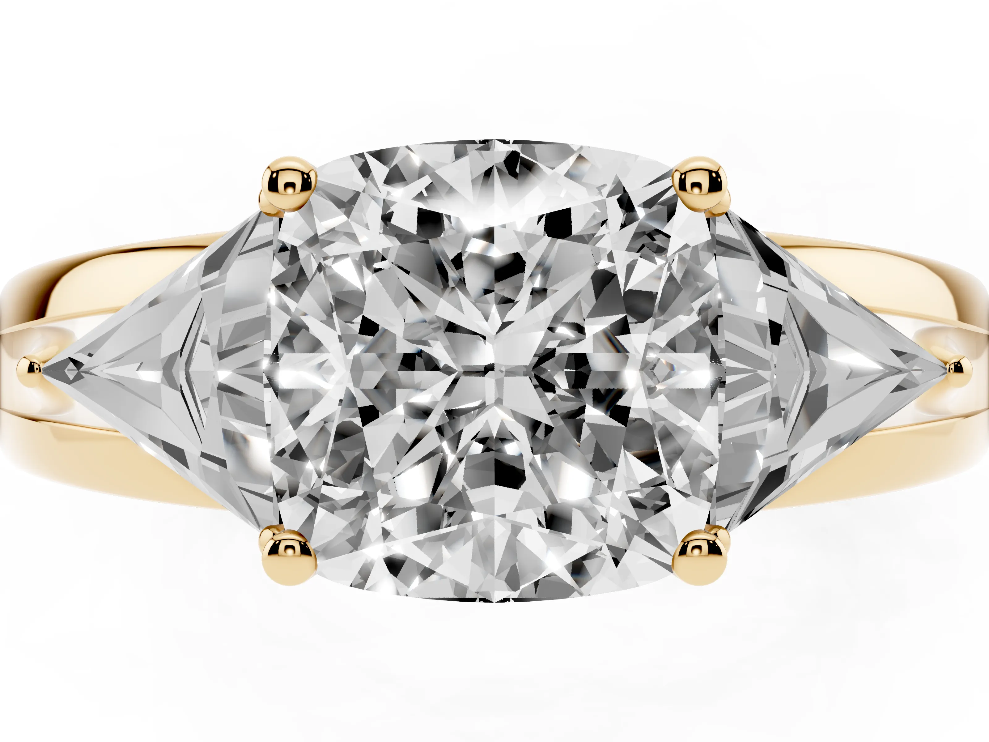 Cushion Cut Diamond Three-Stone Ring Set in Yellow gold with Trillion Side Stones and Split Shank