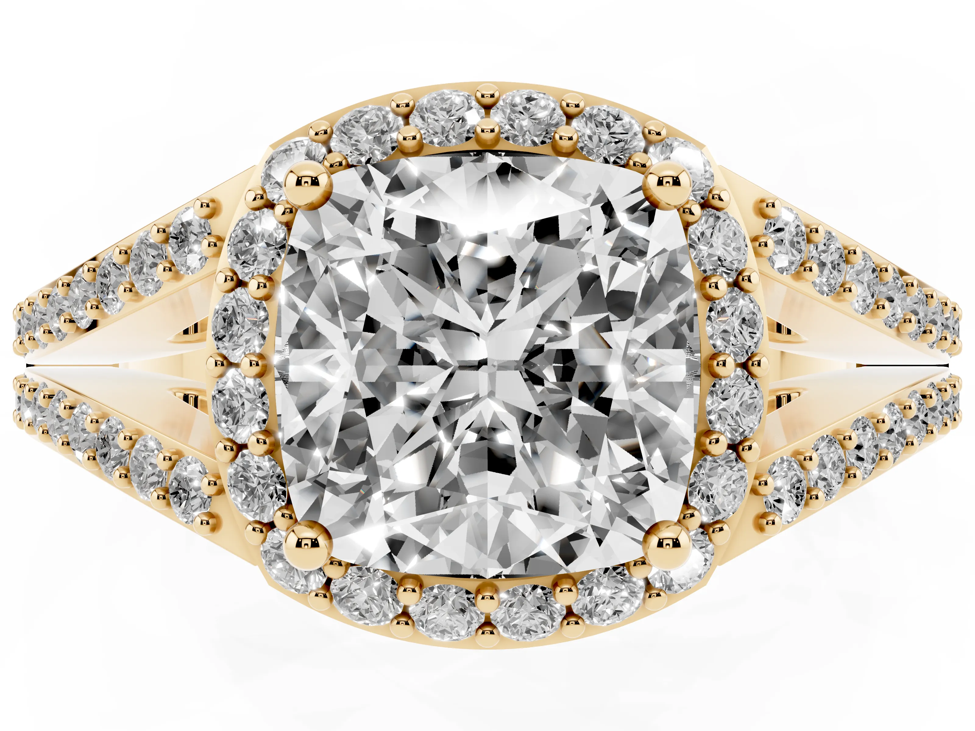 Cushion Cut Diamond Halo Split Shank Ring Set in Yellow gold with Accent Stones and Prong Setting