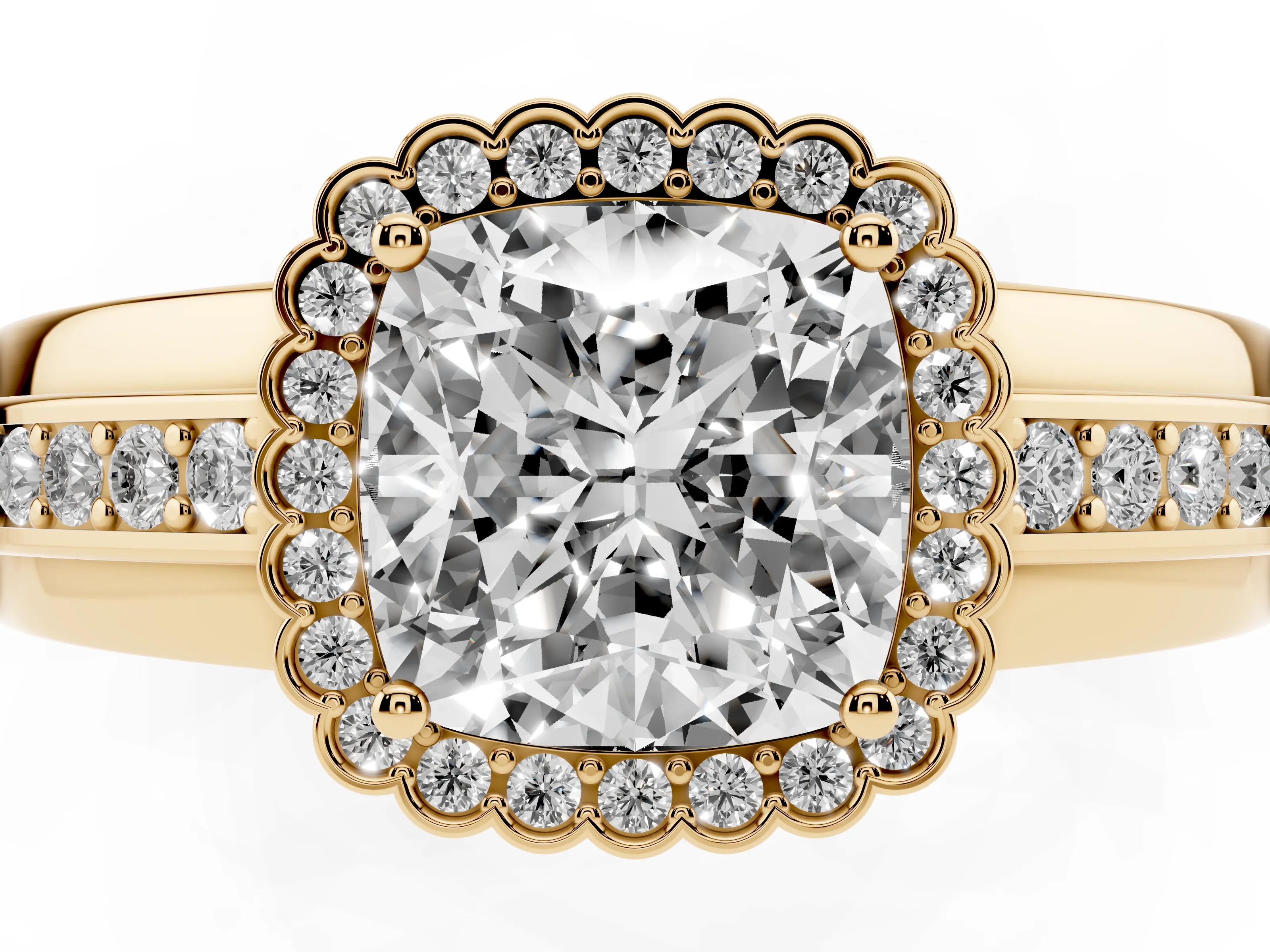 Cushion Cut Diamond Halo Prong Ring Set in Yellow gold with Pavé Band