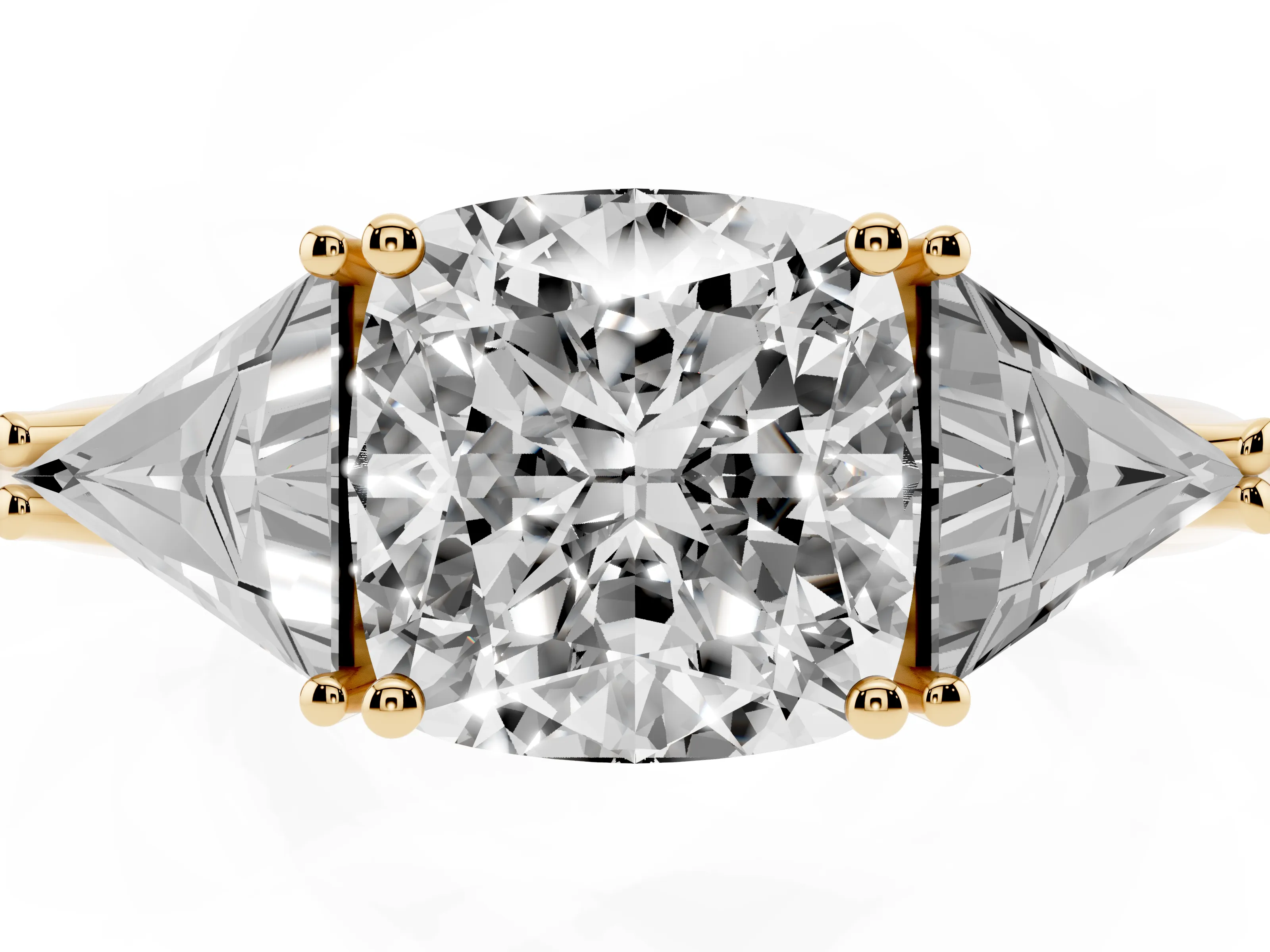 Cushion Cut Diamond Three-Stone Engagement Ring Set in Yellow gold with Trillion Side Stones