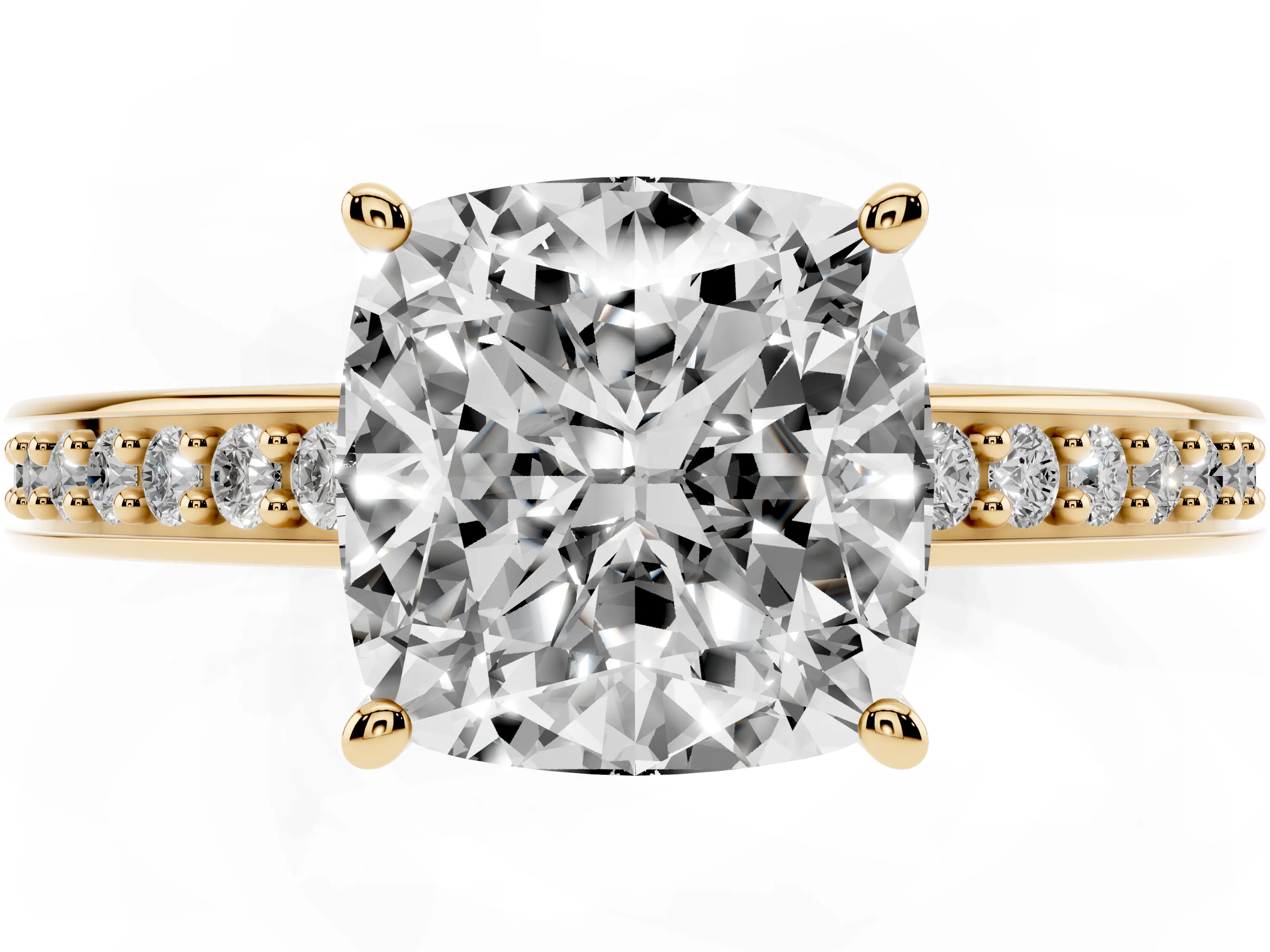 Cushion Cut Diamond Pavé Band Prong Set Solitaire Ring Set in Yellow gold