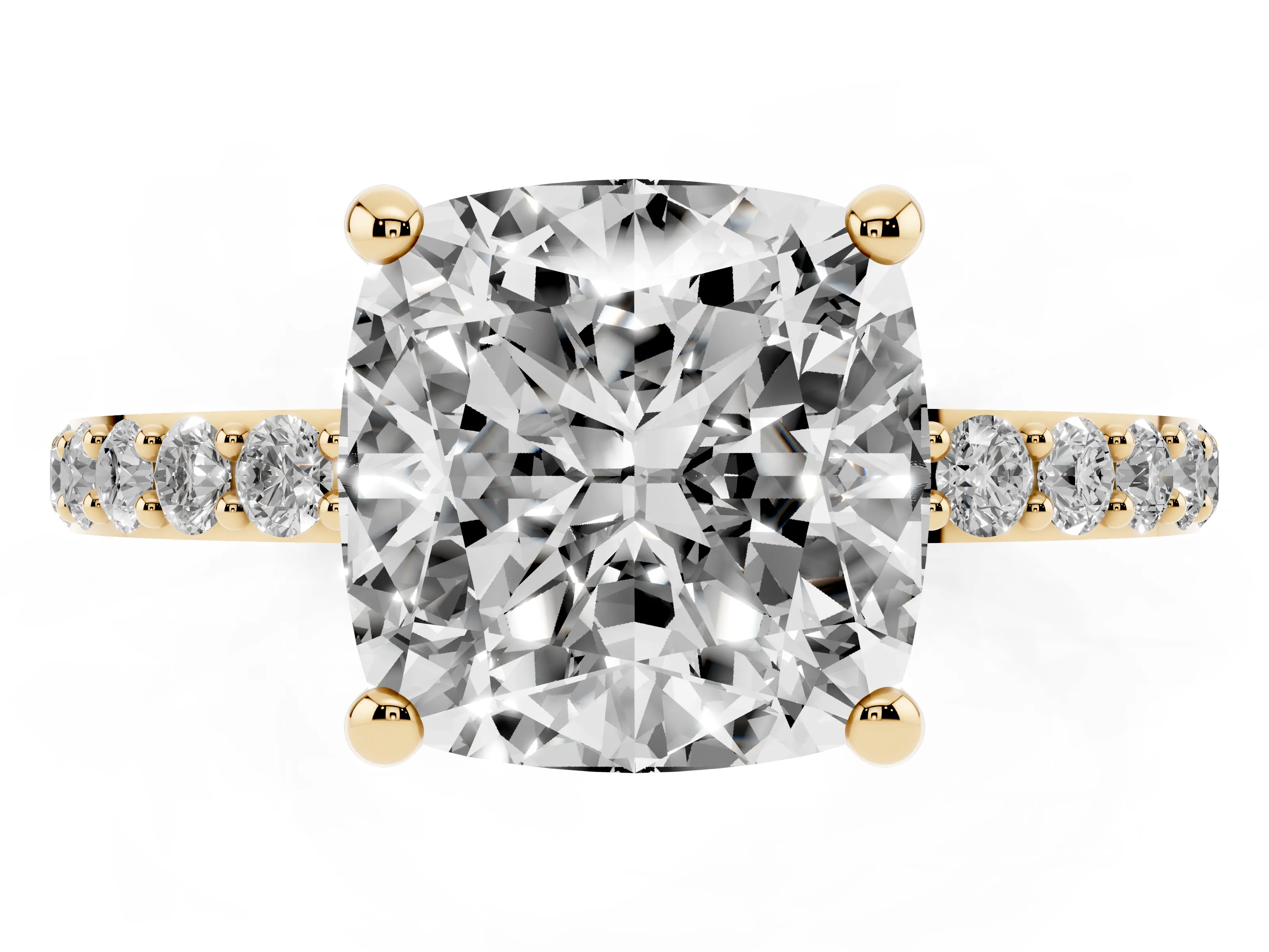 Cushion Cut Diamond Solitaire Ring Set in Yellow gold with Round Pavé Band and Prong Setting