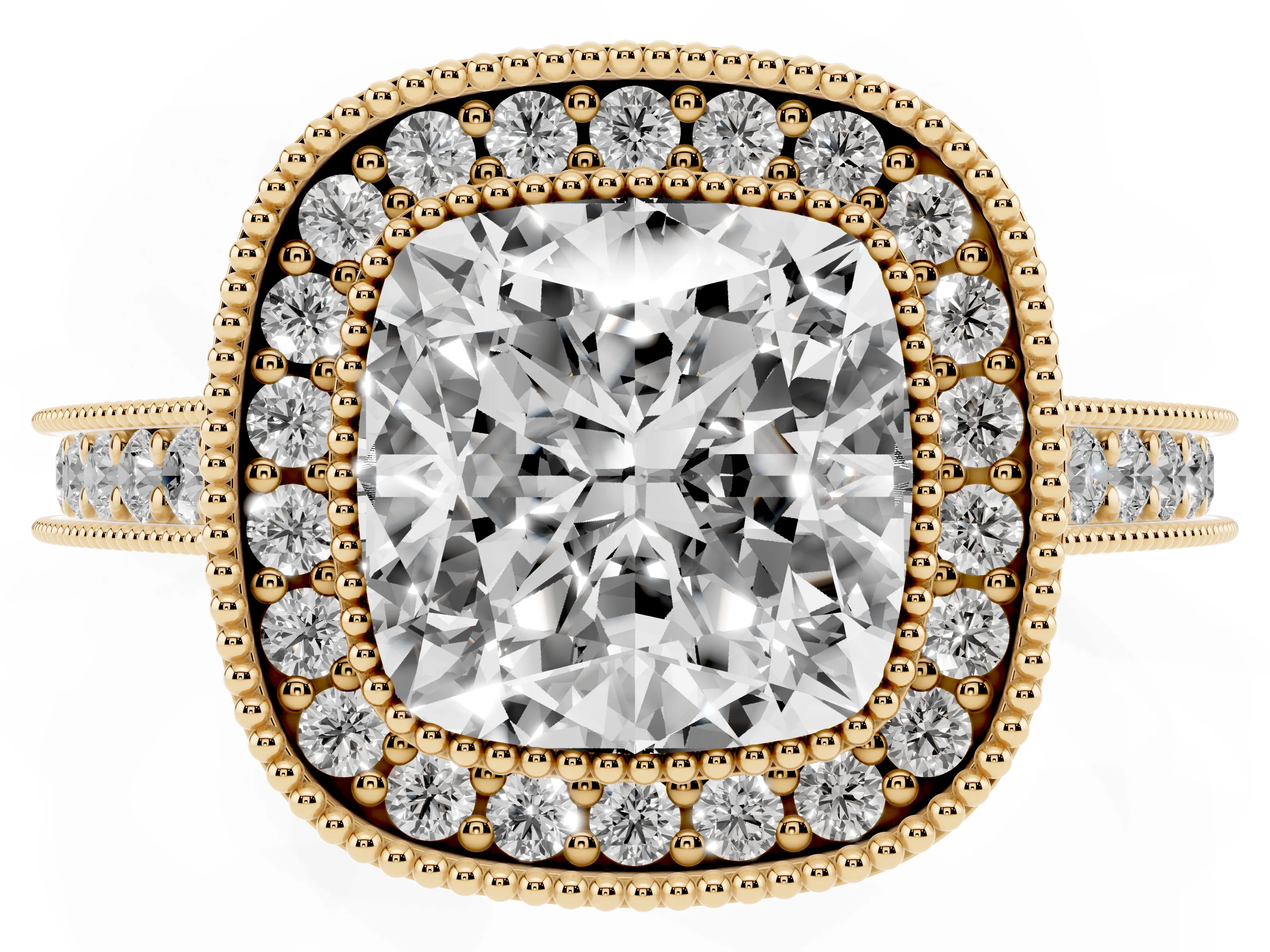 Cushion Cut Diamond Halo Milgrain Pavé Band Ring Set in Yellow gold with Prong Setting