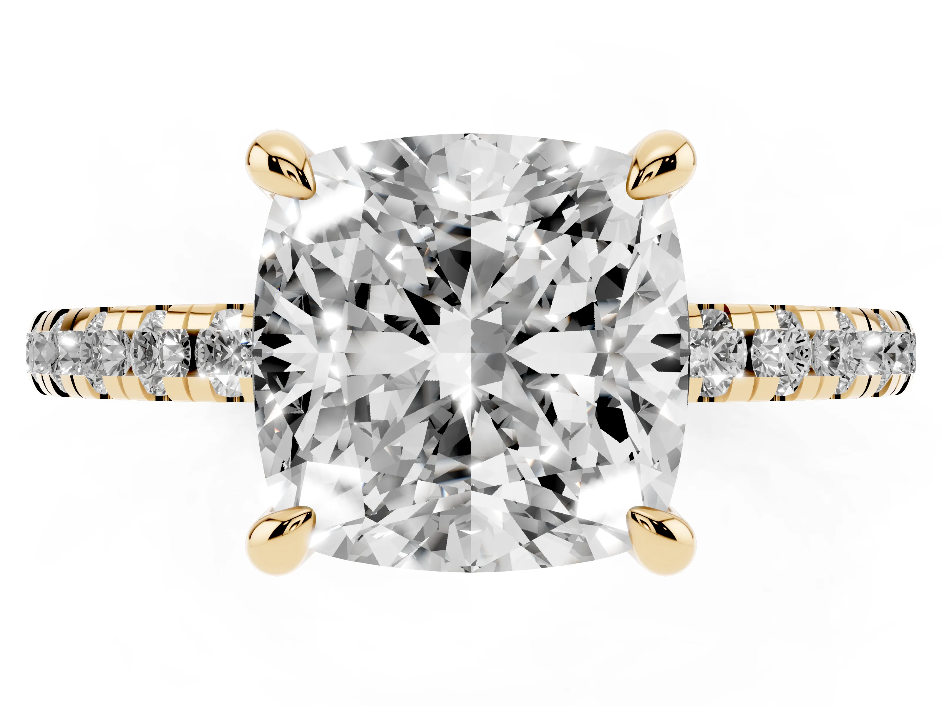 Cushion Cut Diamond Brilliant Solitaire Ring Set in Yellow gold with Pavé Band and Prong Setting