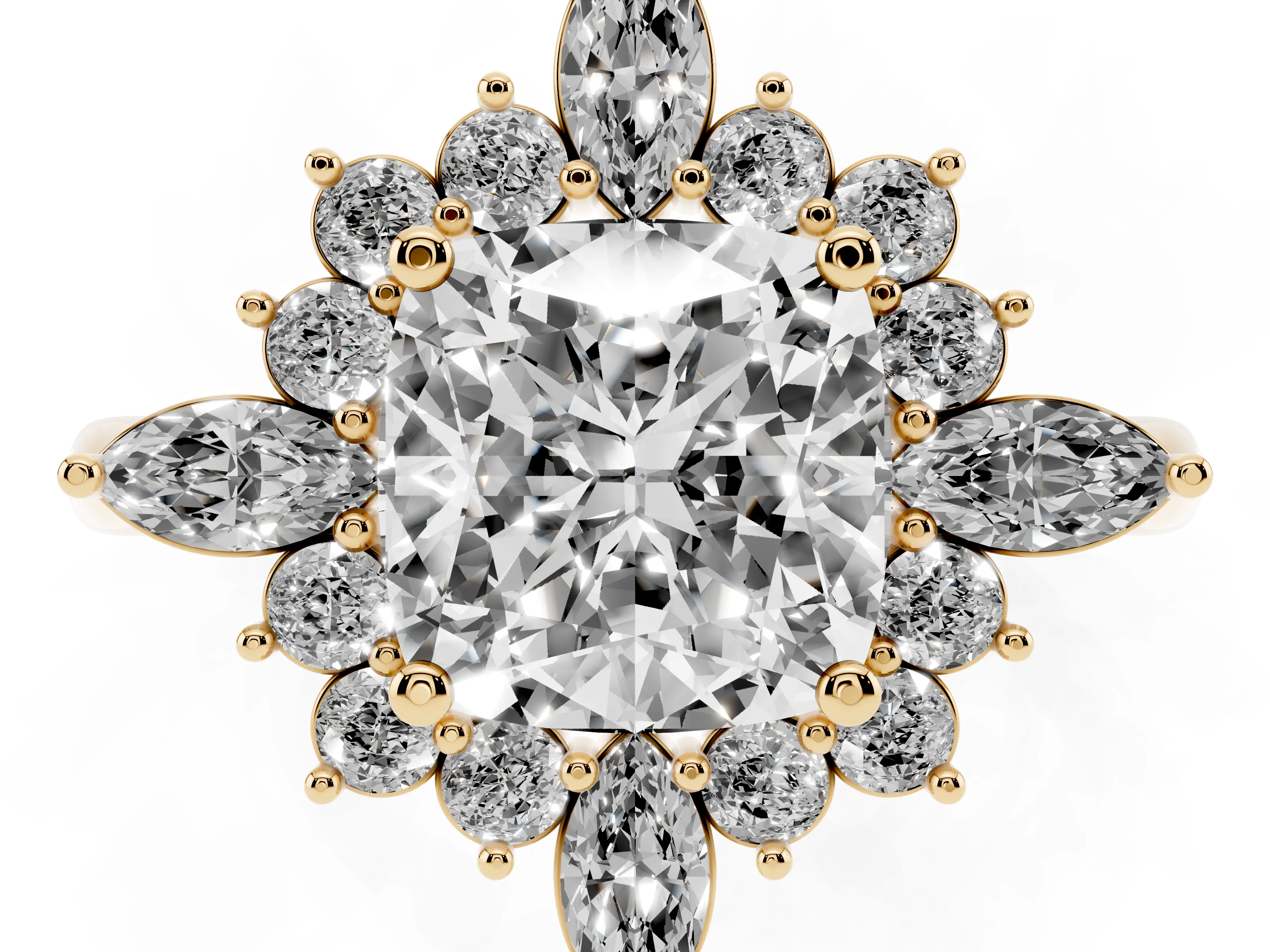 Cushion Cut Diamond Cluster Halo Ring Set in Yellow gold with Marquise and Round Accents