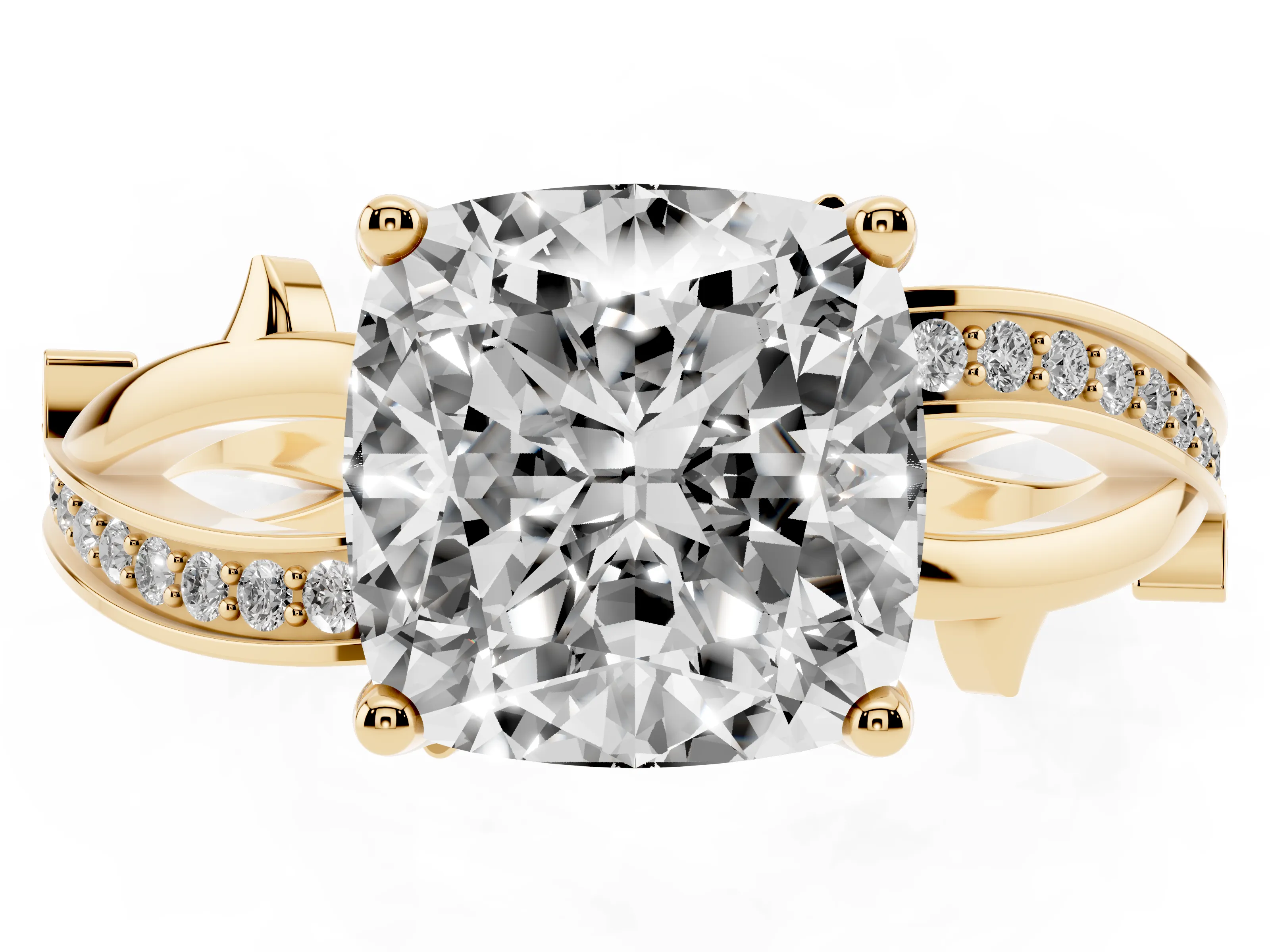 Cushion Cut Diamond Pavé Twist Band Solitaire Ring Set in Yellow gold with Prong Setting