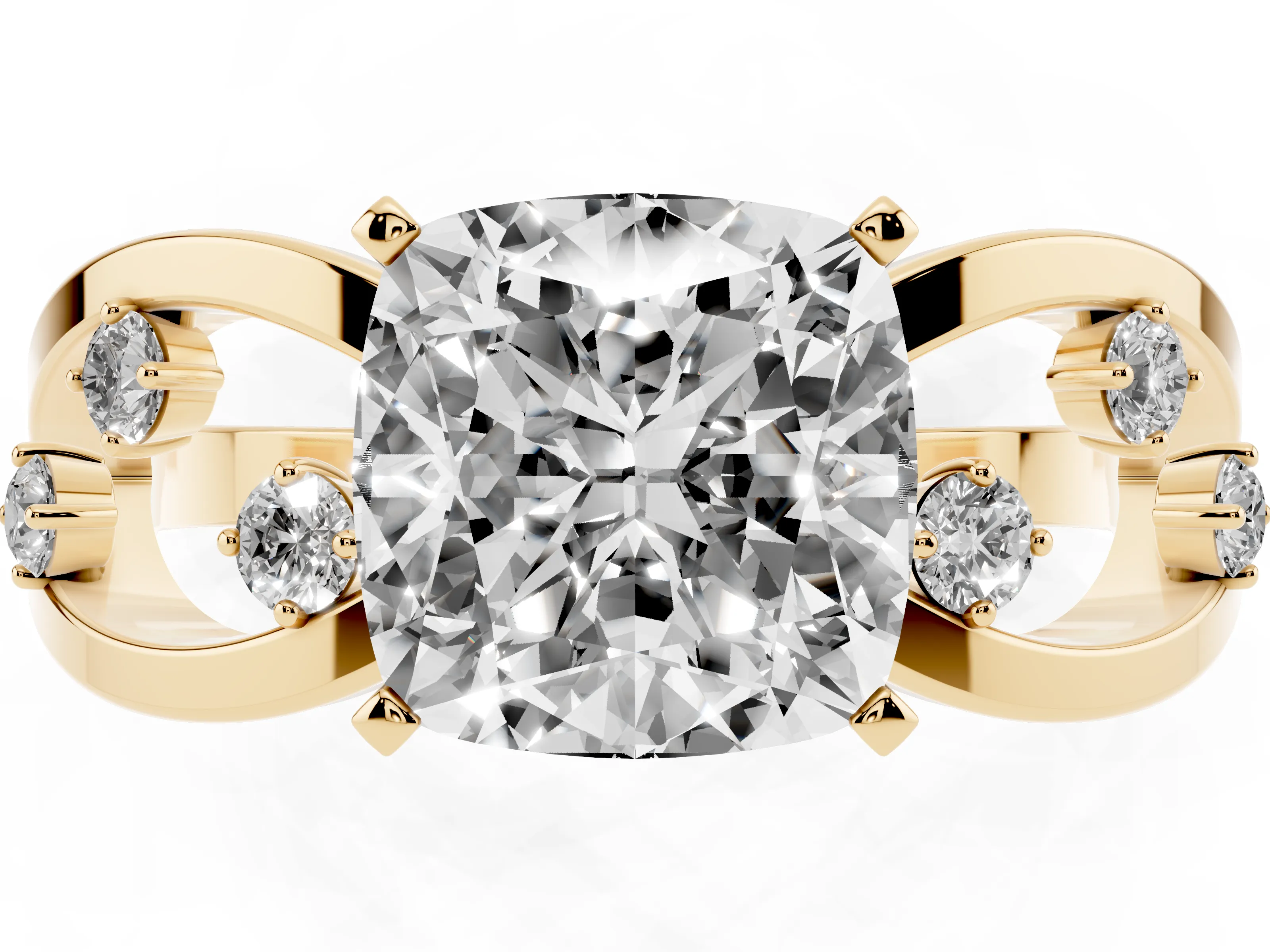 Cushion Cut Diamond Solitaire Ring Set in Yellow gold with Side Stones on Criss-Cross Band and Prong Setting