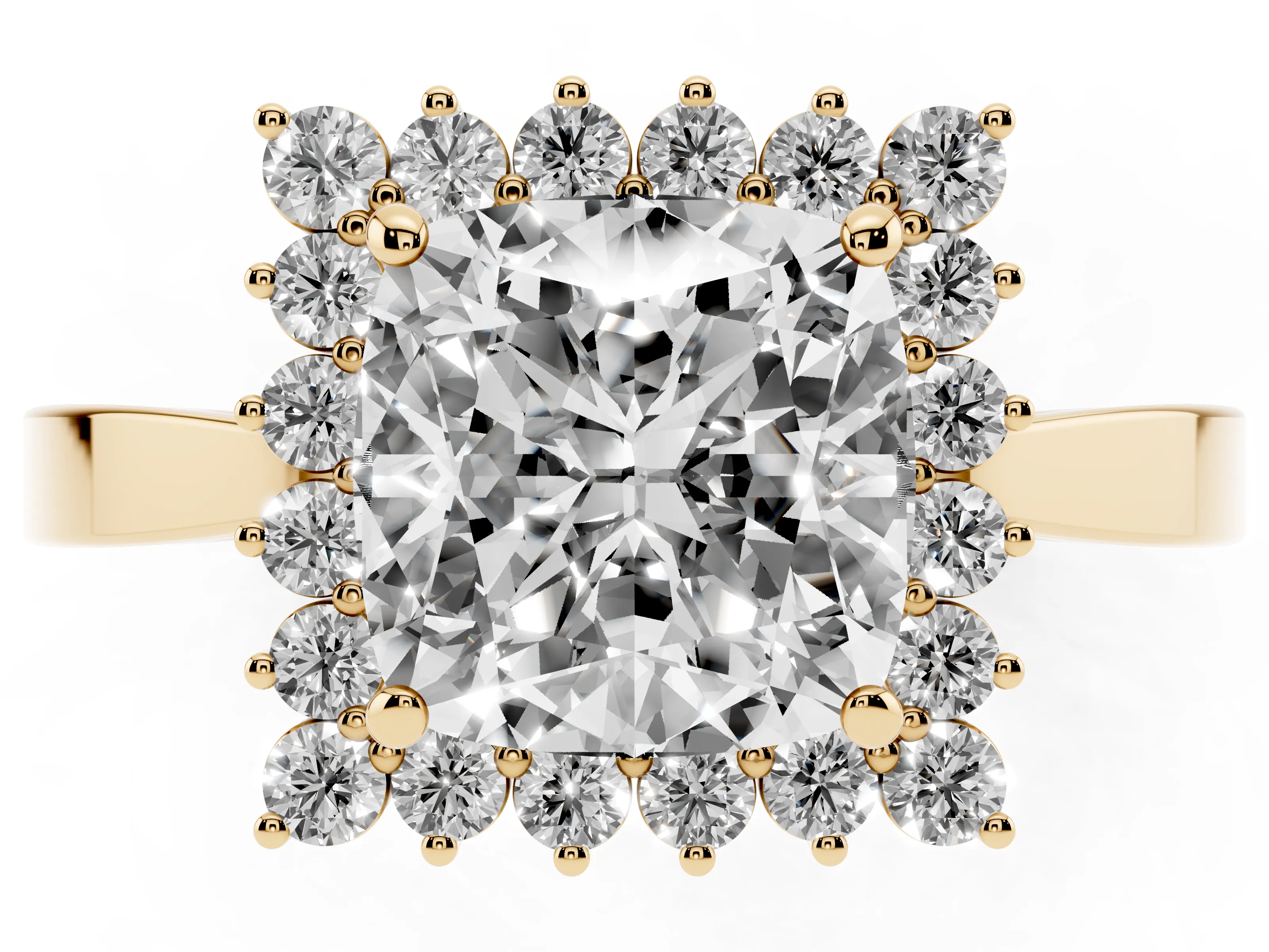 Cushion Cut Diamond Halo Ring Set in Yellow gold with Round Halo and Smooth Solitaire Band