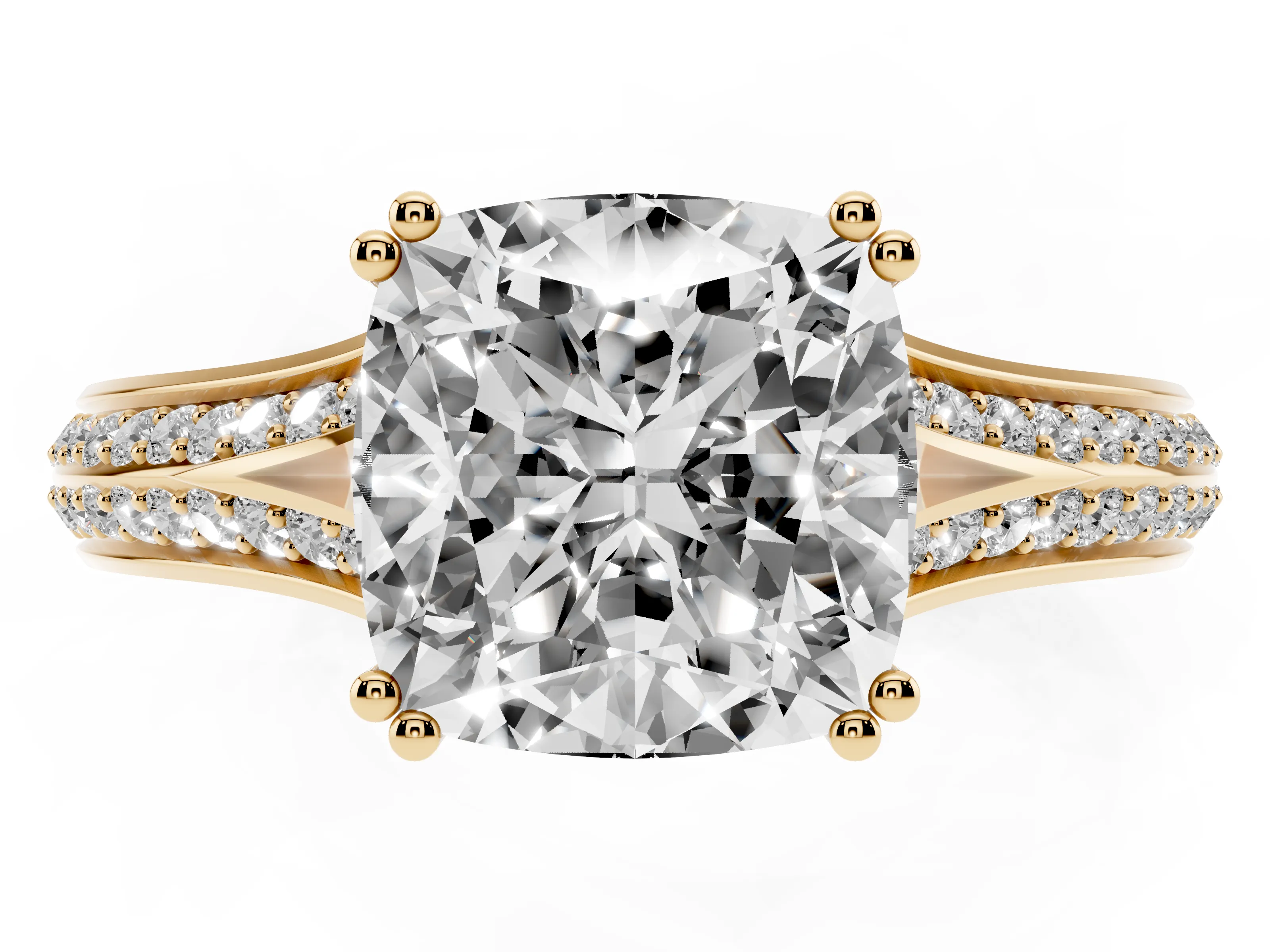 Cushion Cut Diamond Split Shank Pavé Engagement Ring Set in Yellow gold with Prong-Set Center Stone