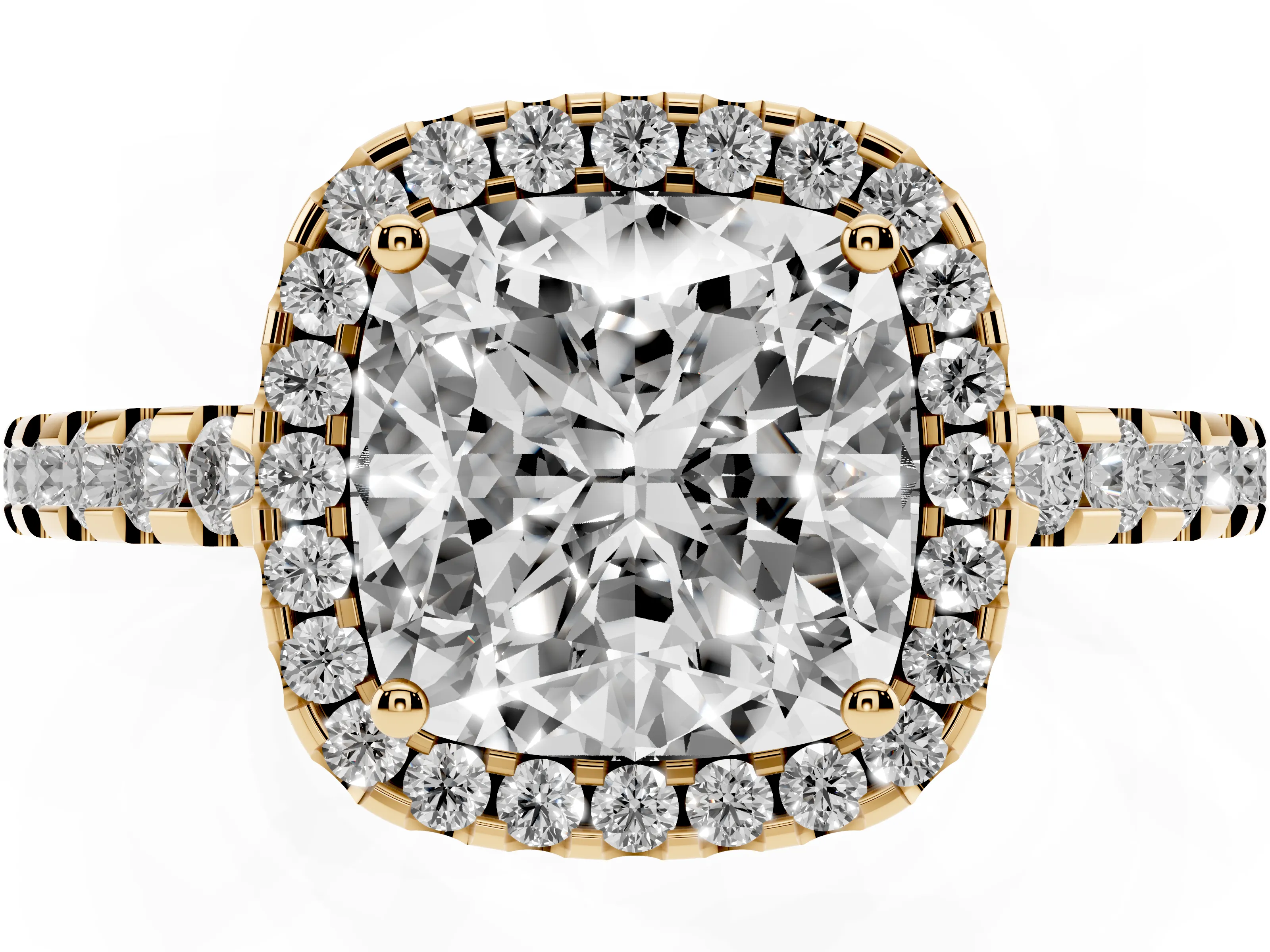 Cushion Cut Diamond Halo Ring Set in Yellow gold with Pavé Shoulders and Halo-Framed Center