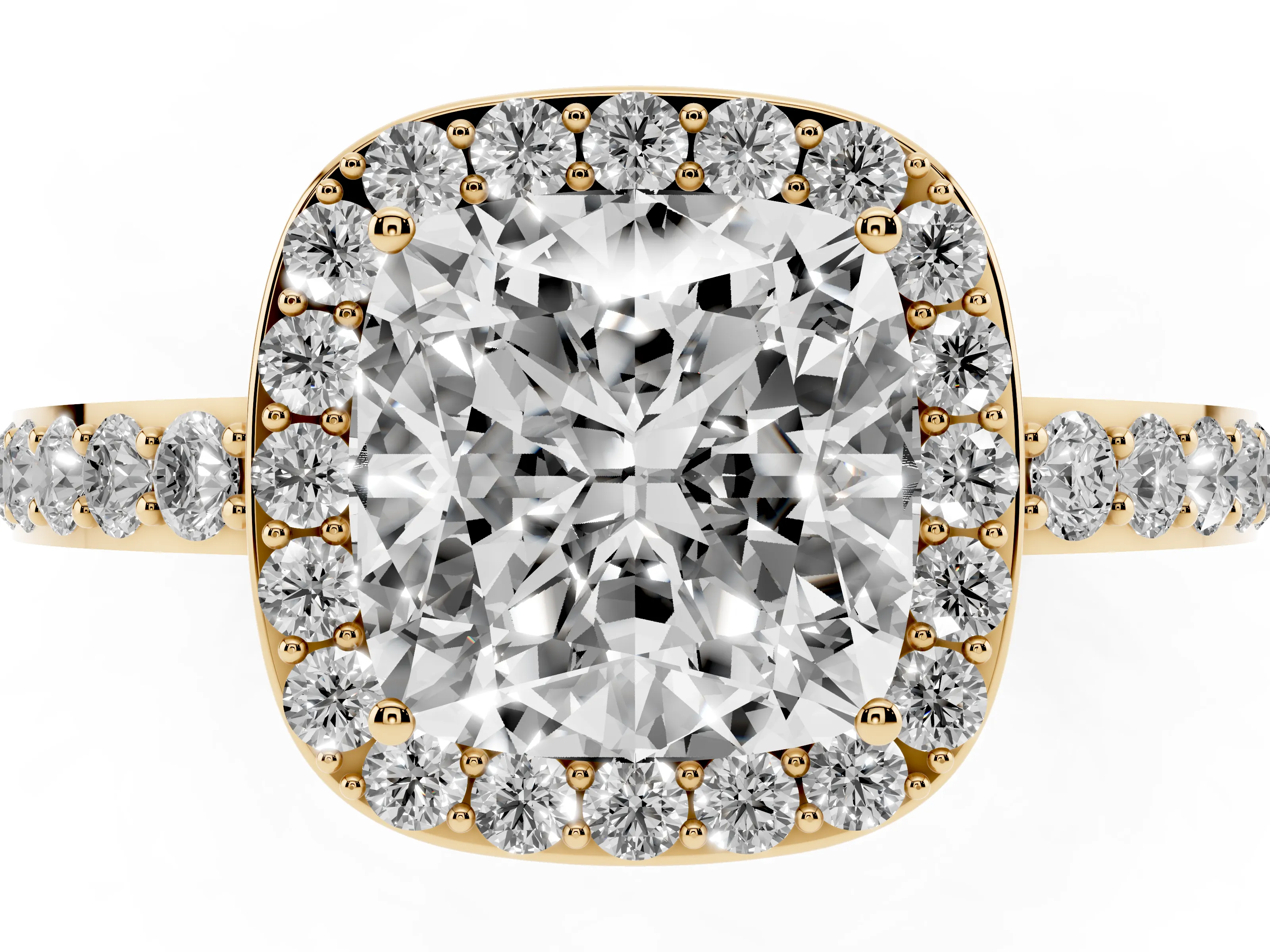 Cushion Cut Diamond Halo Ring Set in Yellow gold with Pavé-Setting Band and Open Prong Center