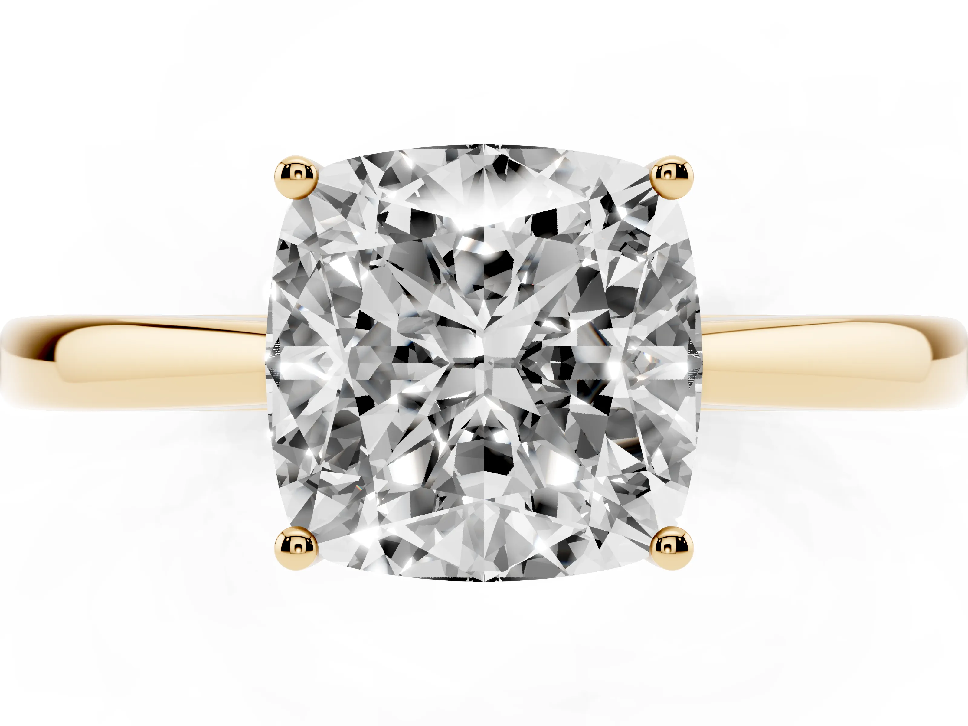 Cushion Cut Diamond Solitaire Ring Set in Yellow gold with Split Shank and Prong Setting