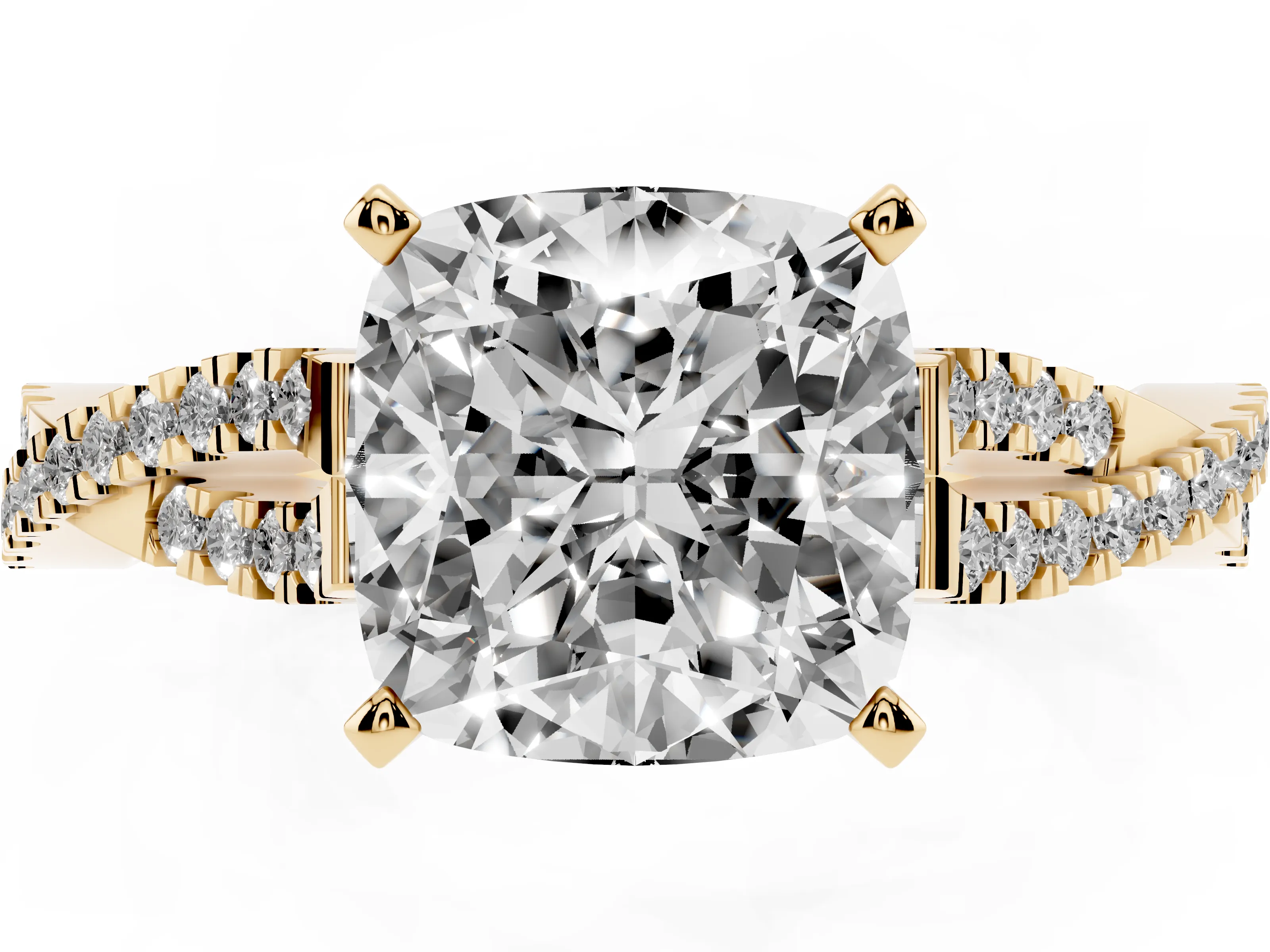 Cushion Cut Diamond Solitaire Engagement Ring Set in Yellow gold with Twisted Pavé Band and Prong Setting