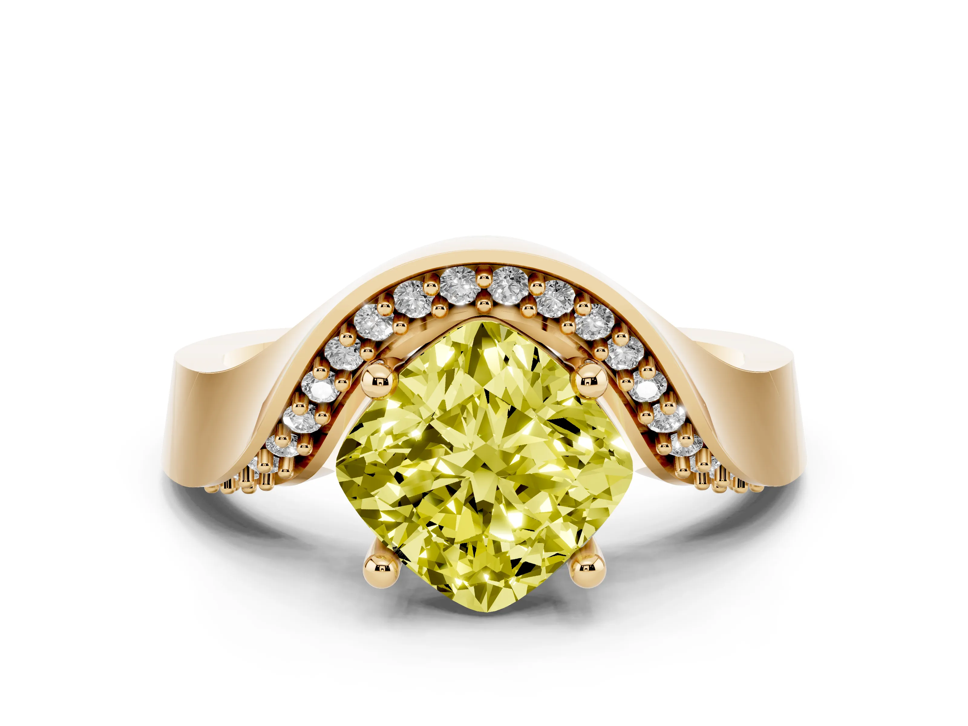 Fancy Yellow Cushion Cut Diamond Solitaire Engagement Ring Set in Yellow gold with Pavé Shoulders