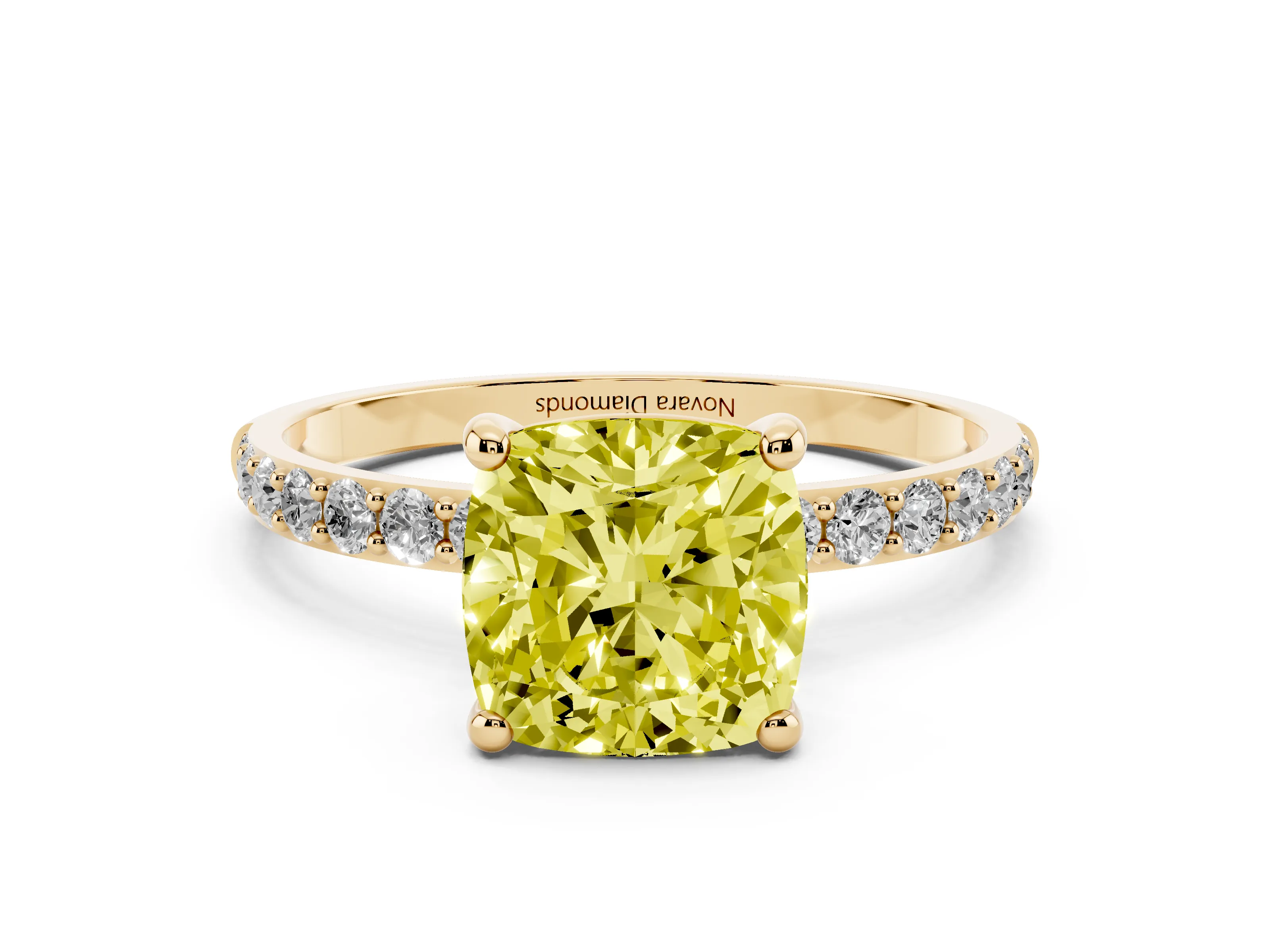 Fancy Yellow Cushion Cut Diamond Solitaire Ring Set in Yellow gold with Round Pavé Band and Prong Setting