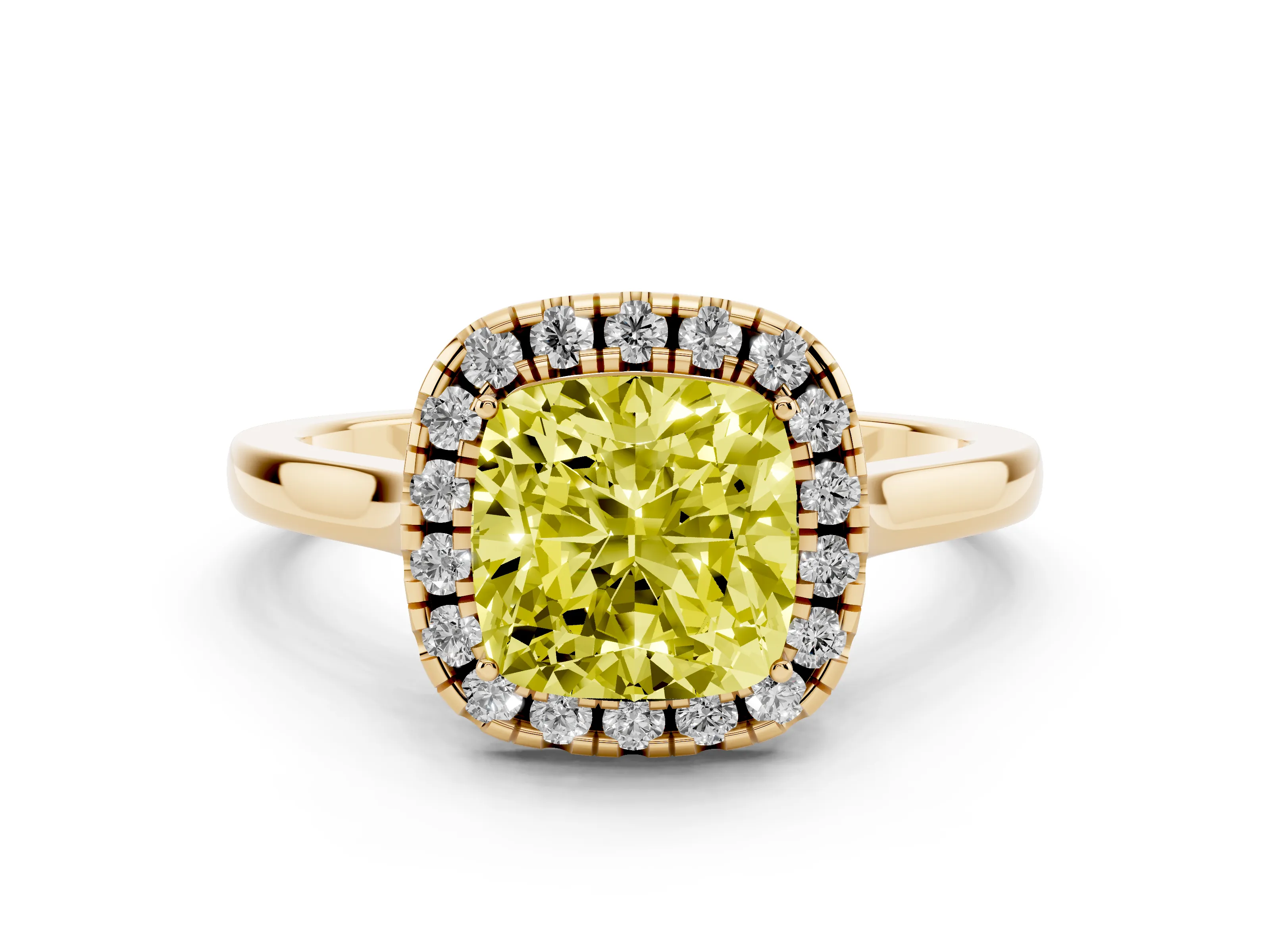 Fancy Yellow Cushion Cut Halo Round Diamond Solitaire Ring Set in Yellow gold with Pavé Band and Prong Setting