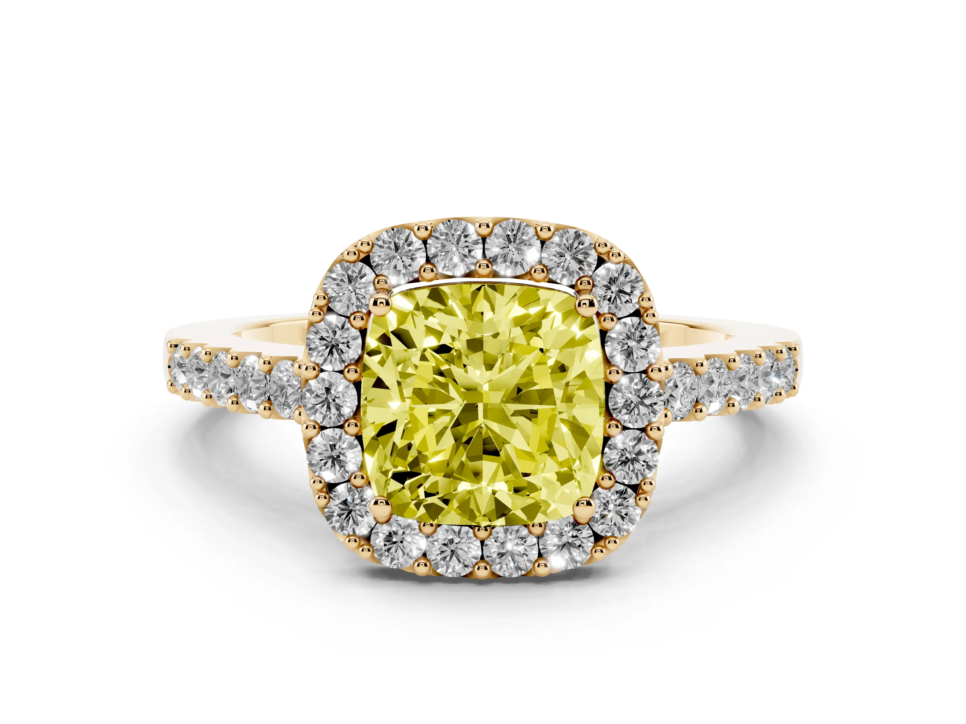 Fancy Yellow Cushion Cut Diamond Halo Pavé Solitaire Ring Set in Yellow gold with Prong-Set Center Stone