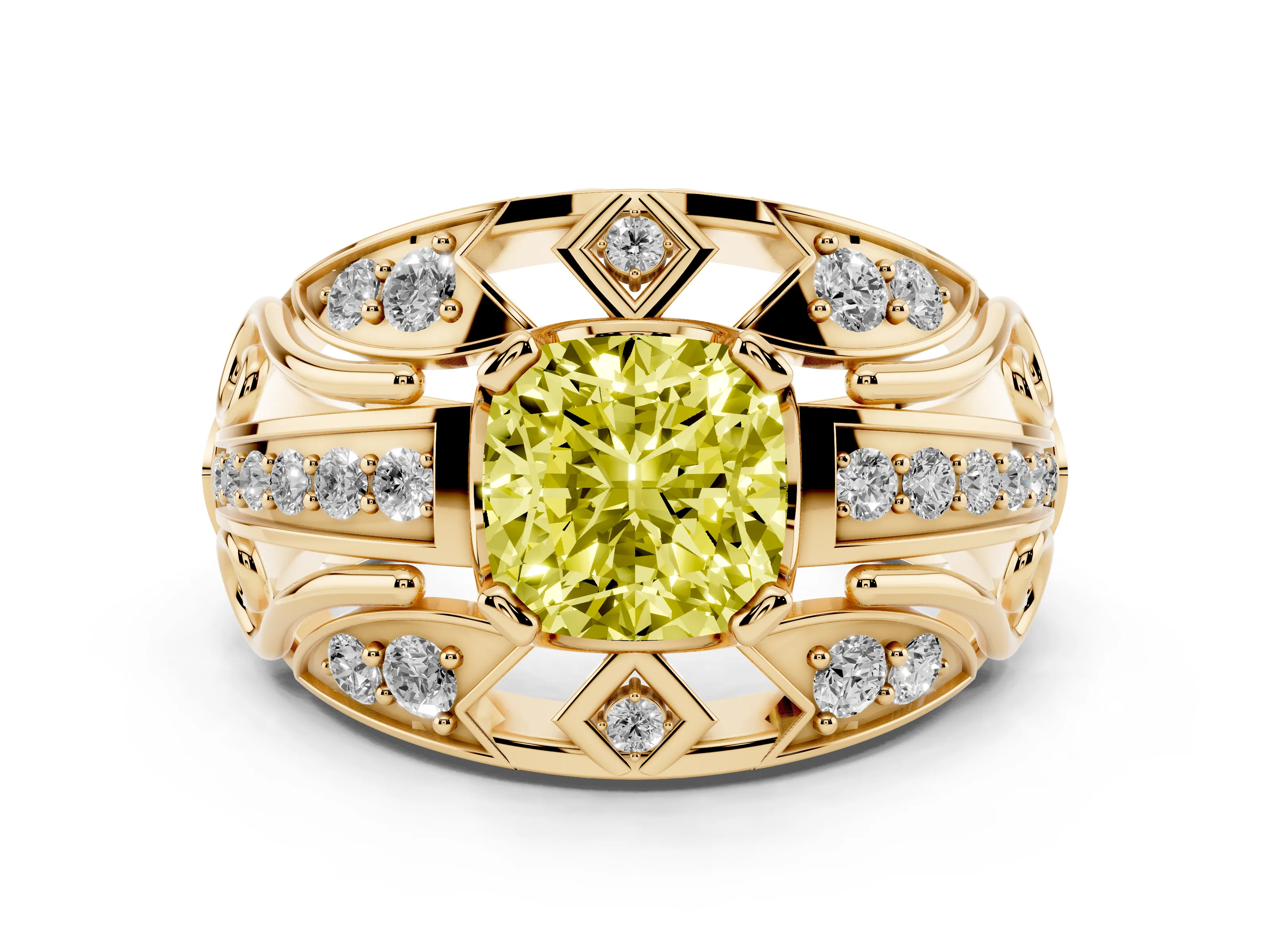Fancy Yellow Cushion Cut Diamond Art Deco Ring Set in Yellow gold with Pavé Split Shank