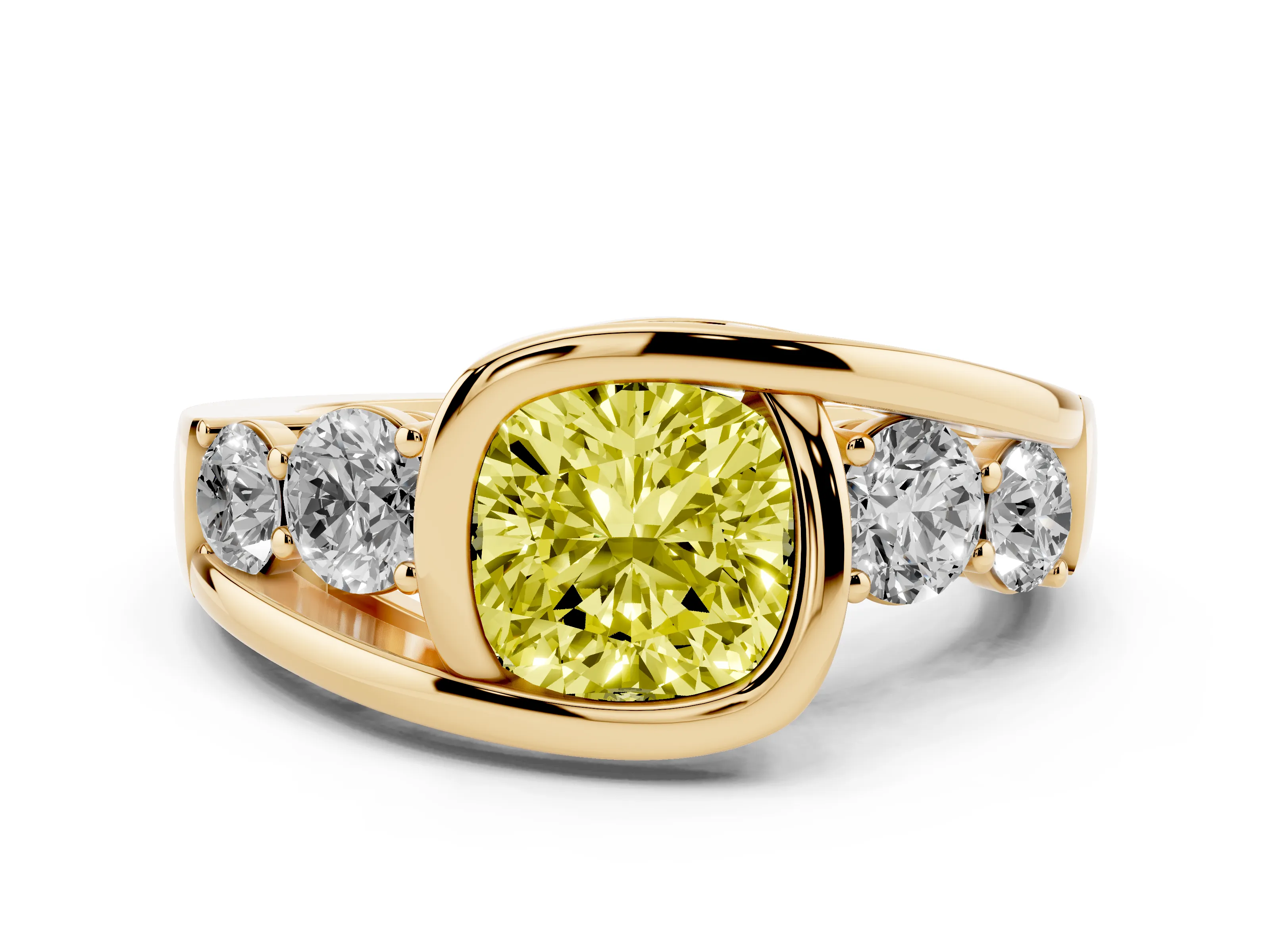 Fancy Yellow Cushion Cut Diamond Bezel Bypass Ring Set in Yellow gold with Round Accents
