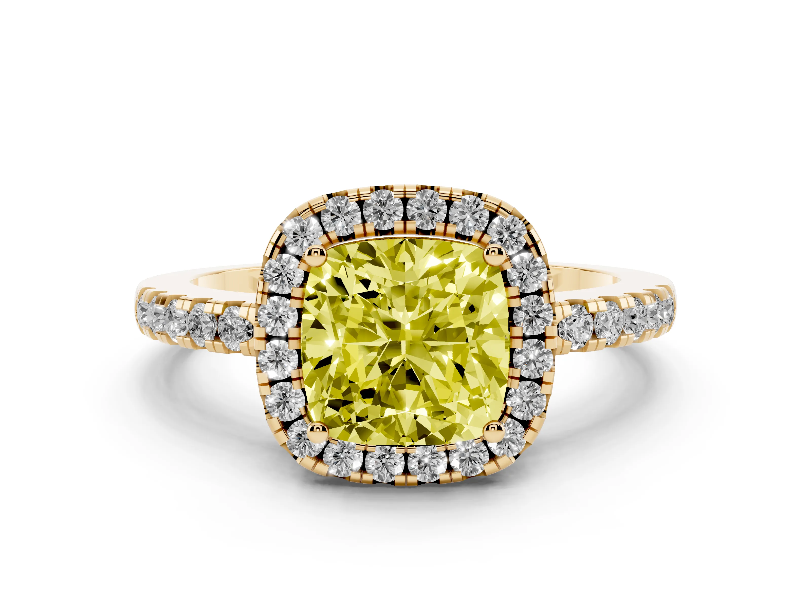 Fancy Yellow Cushion Cut Diamond Pavé Band Halo Engagement Ring Set in Yellow gold with Prong Setting