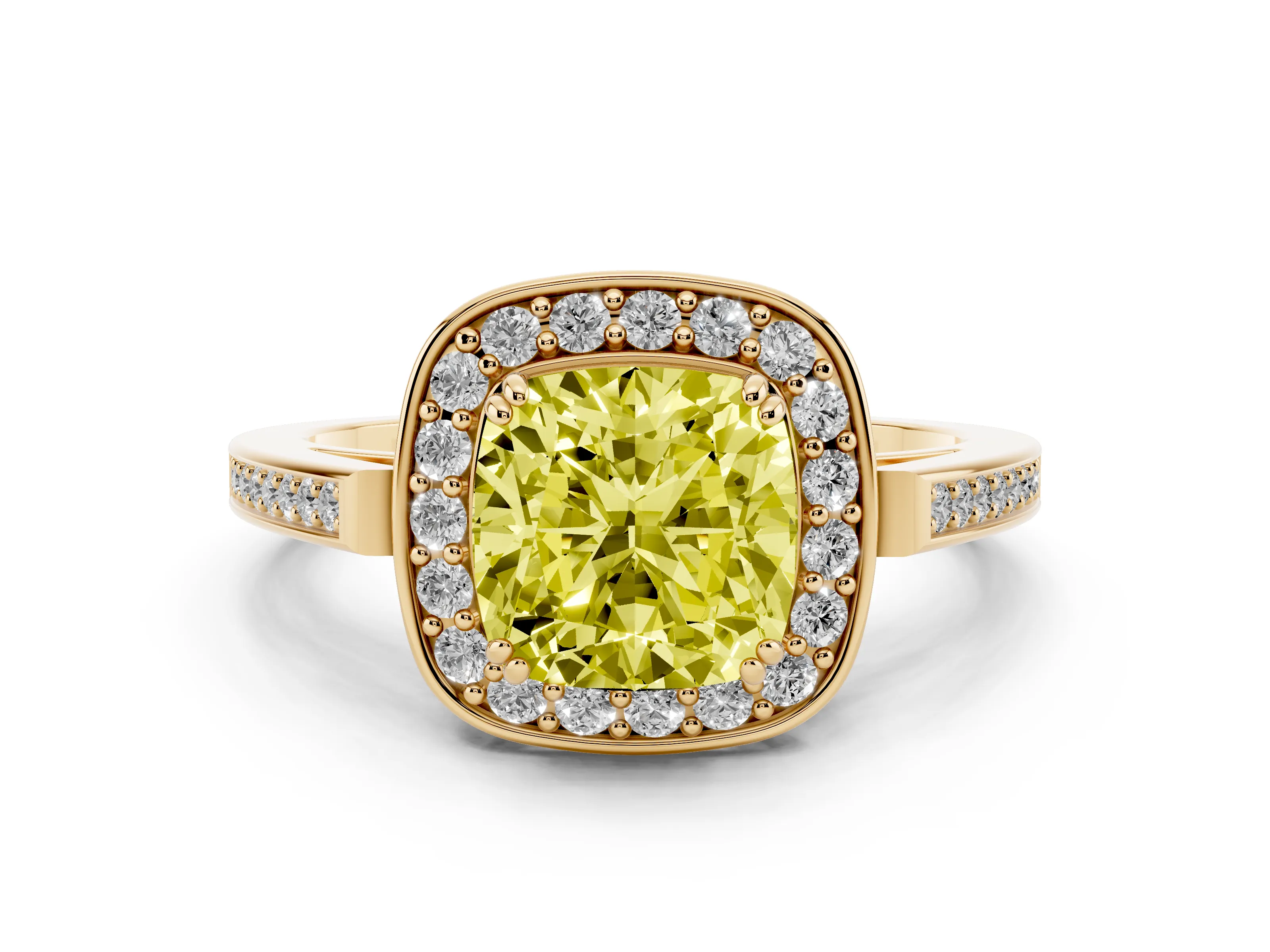 Fancy Yellow Cushion Cut Diamond Halo Ring Set in Yellow gold with Accent-Lined Split Shank and Prong Setting