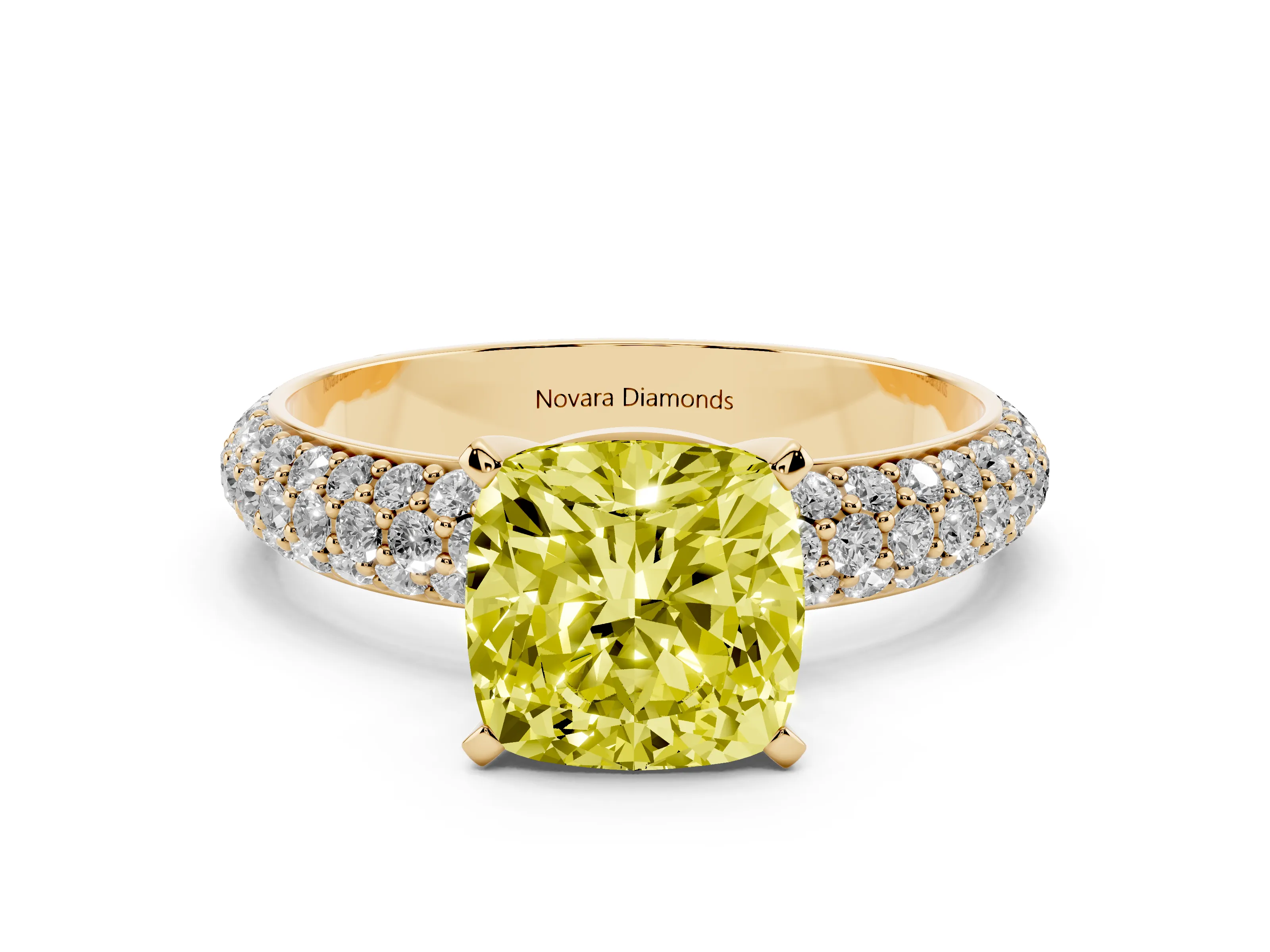Fancy Yellow Cushion Cut Diamond Solitaire Ring Set in Yellow gold with Prong Setting and Pavé-Set Band