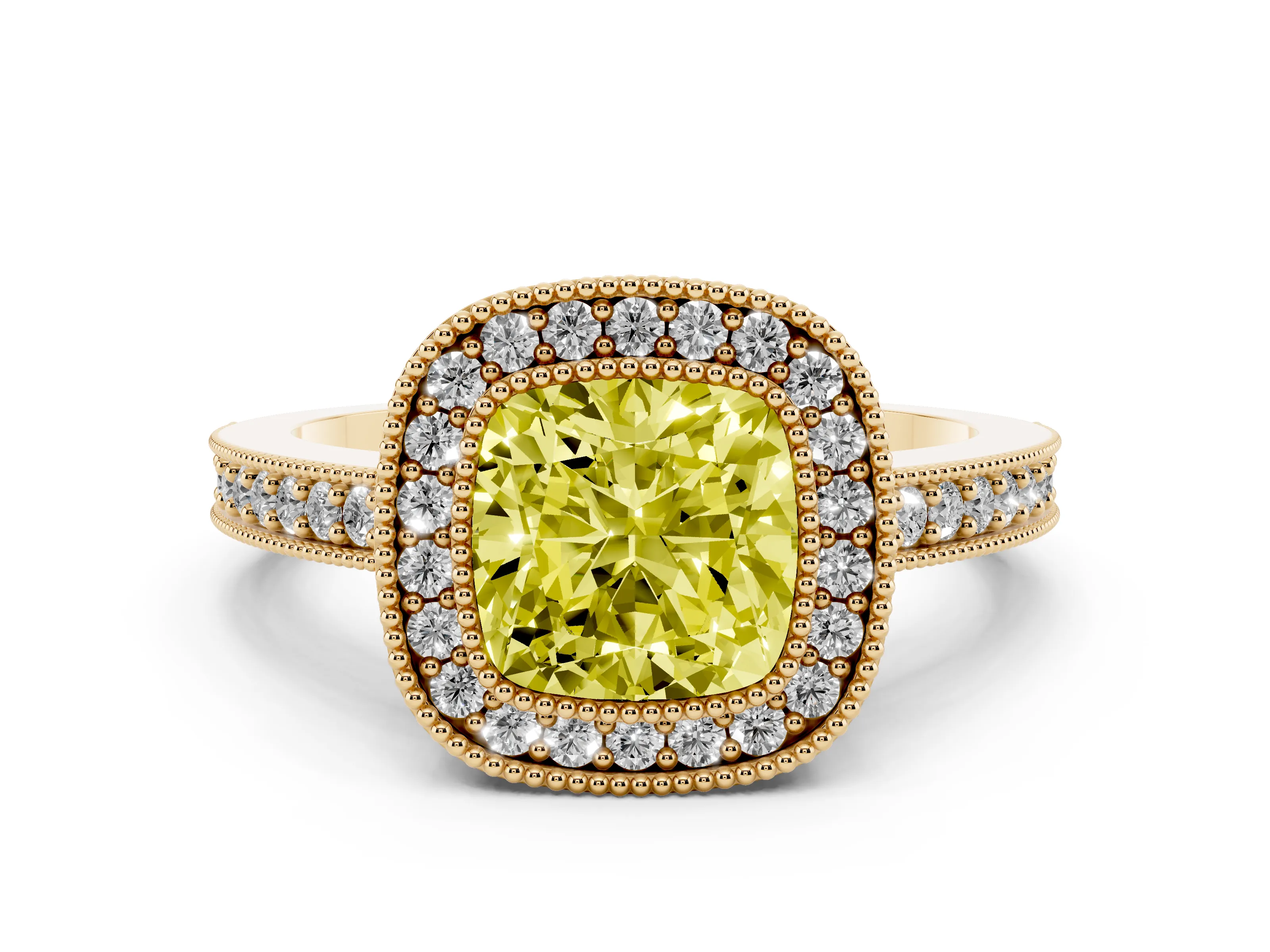 Fancy Yellow Cushion Cut Diamond Halo Engagement Ring Set in Yellow gold with Pavé Band and Round Halo Stones
