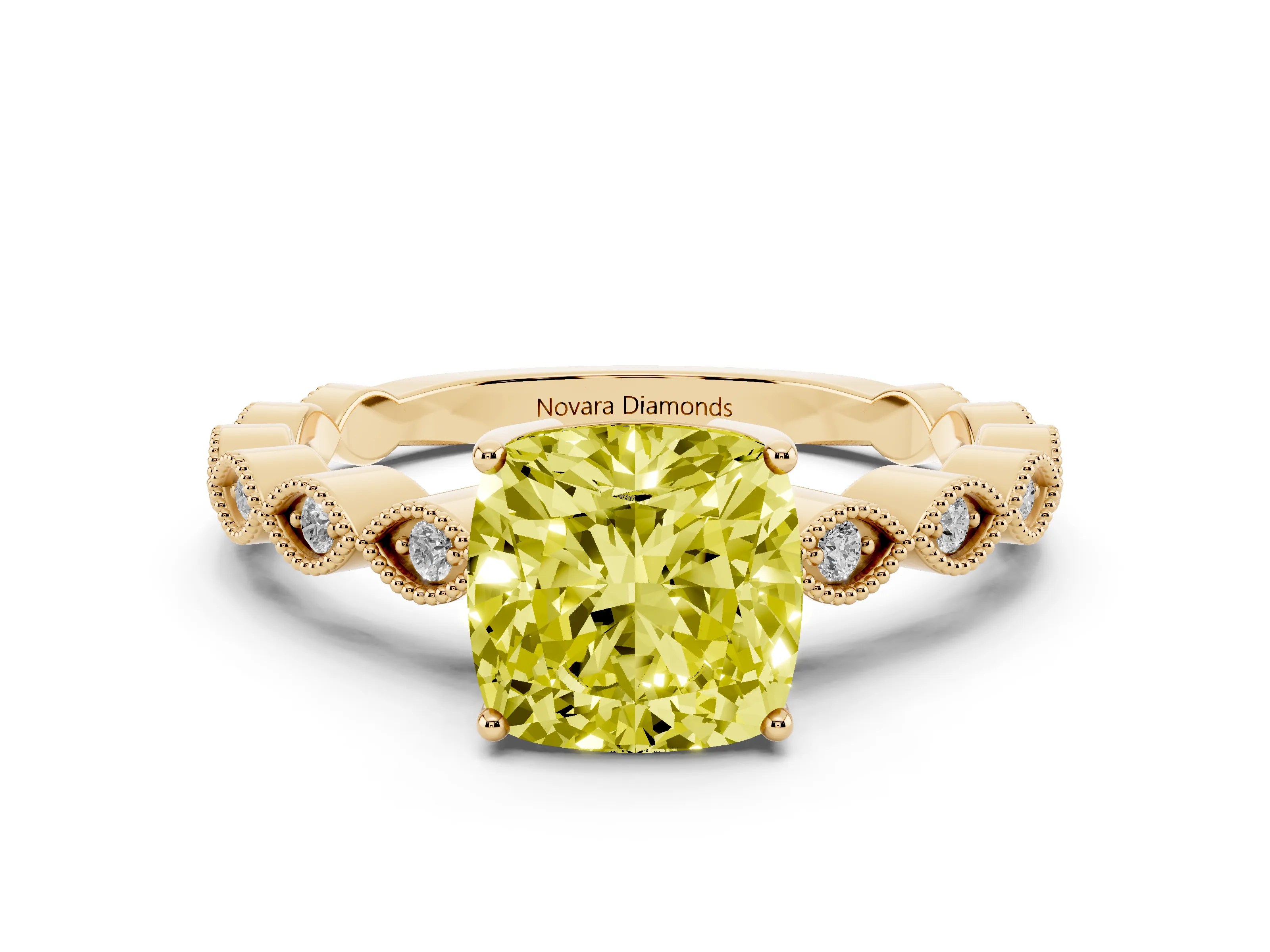 Fancy Yellow Cushion Cut Diamond Solitaire Ring Set in Yellow gold with Infinity Twist Pavé Band
