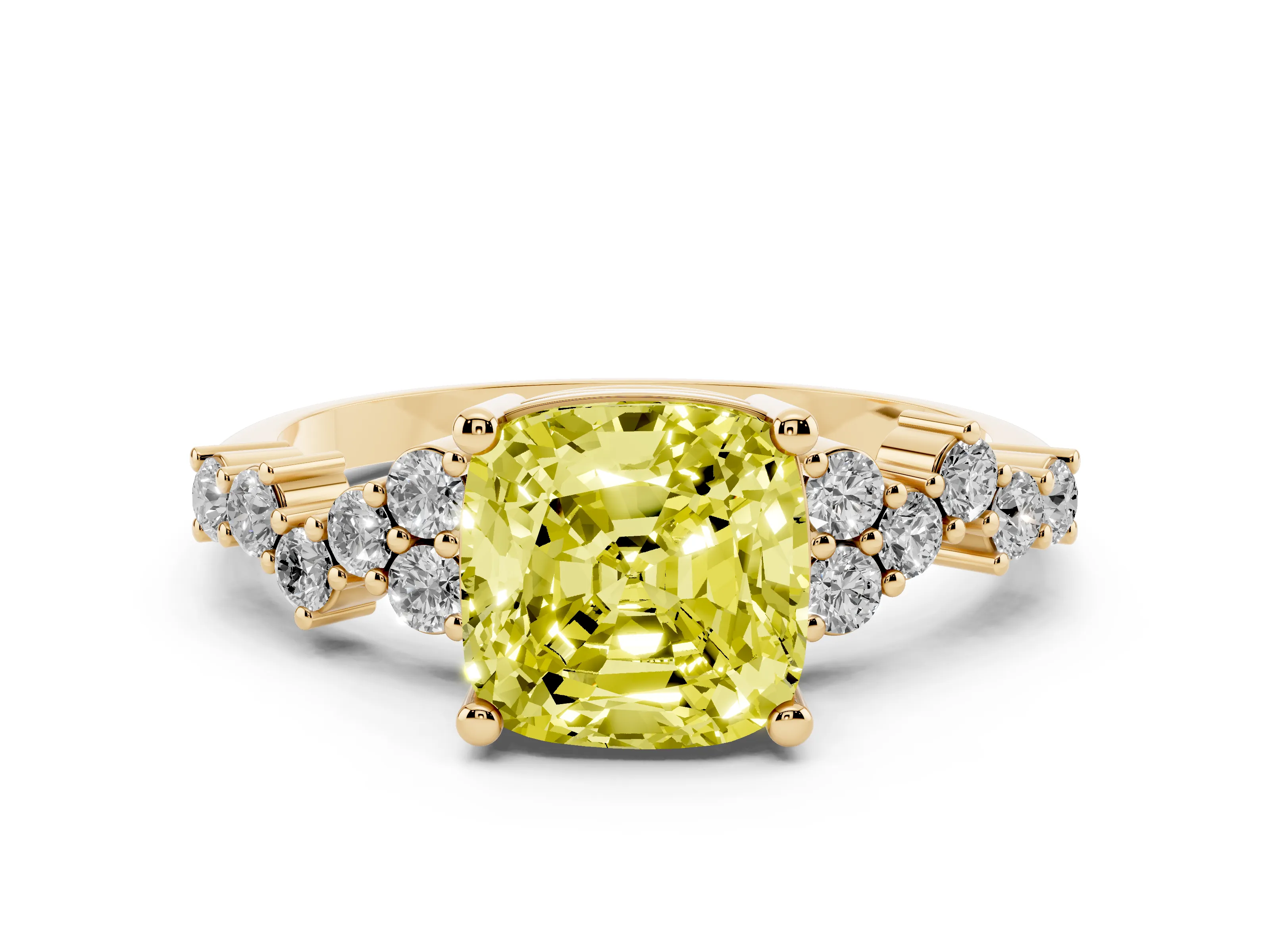 Fancy Yellow Cushion Cut Diamond Ring Set in Yellow gold with Scattered Round Accents